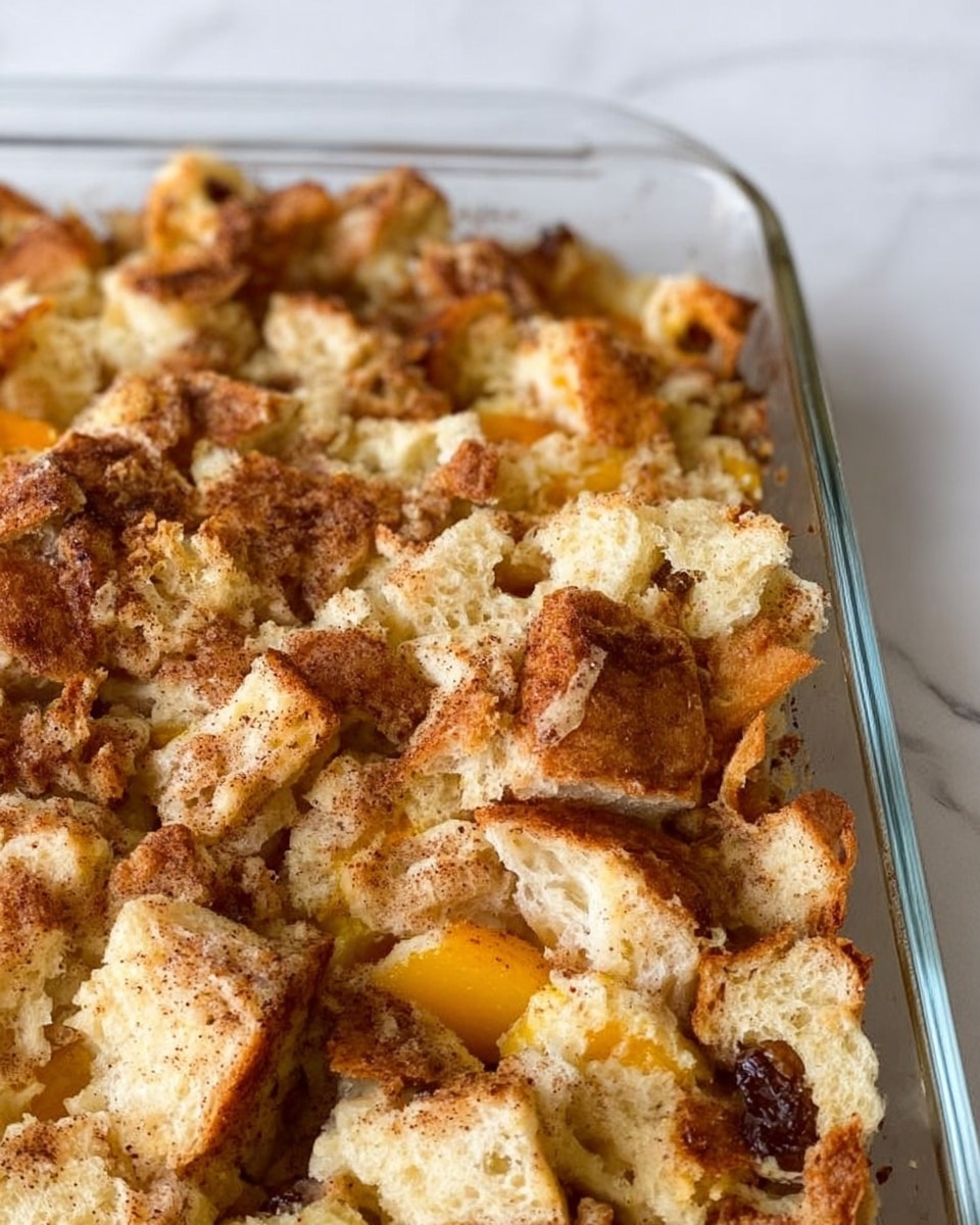 The image shows a close-up of a casserole dish filled with a layered bread pudding. The dish has roughly 4 to 5 layers of torn soft white bread pieces, with some orange chunks of fruit, likely peaches or apricots, scattered throughout. The bread has a light brown dusting of cinnamon or a similar spice, giving the surface a warm, speckled look. The edges of some bread pieces are slightly crisp and browned, while the inside remains soft and moist. The clear glass baking dish sits on a white marbled surface, highlighting the variety of textures and warm tones of the bread and fruit. photo taken with an iphone --ar 4:5 --v 7