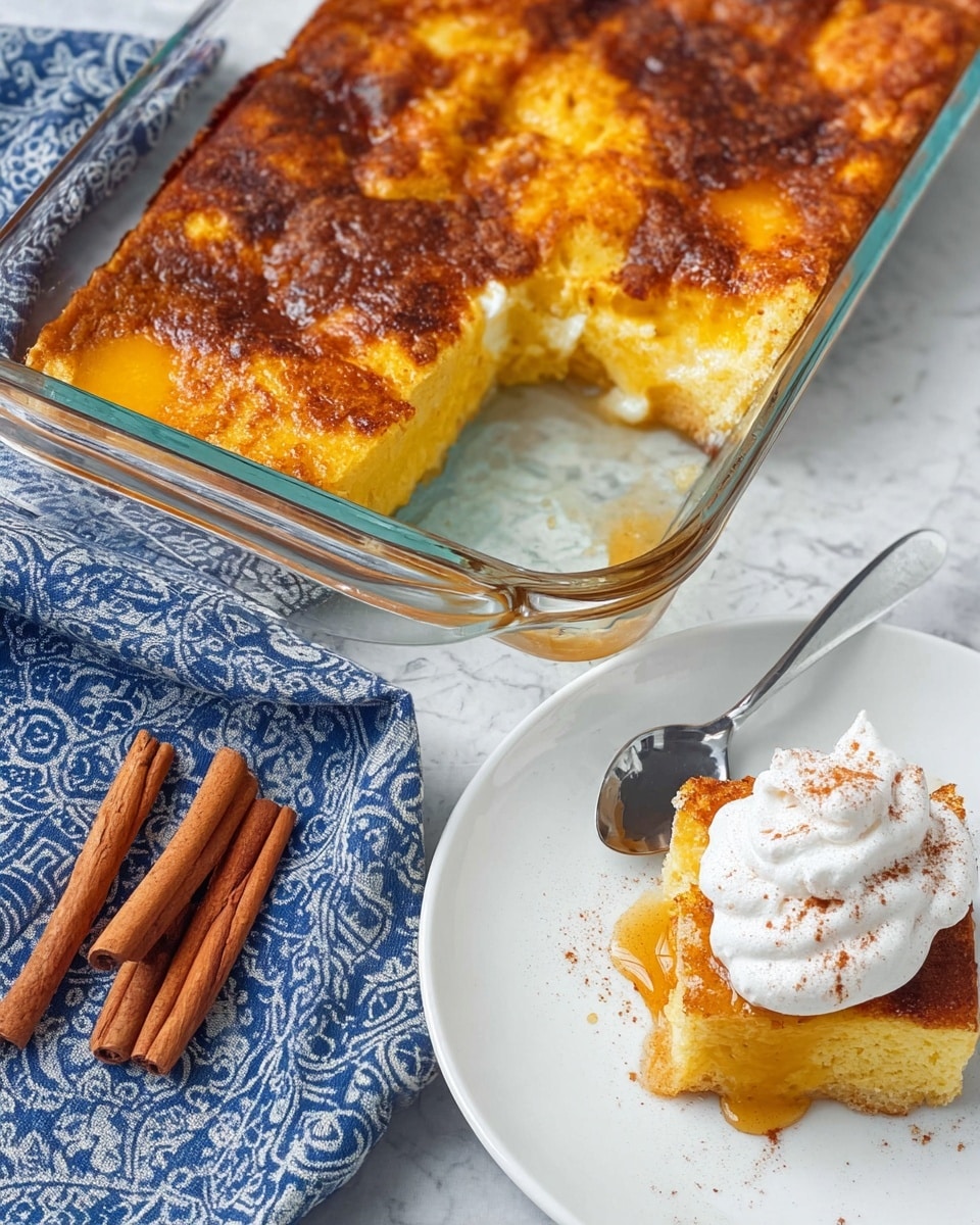 The image shows a close-up of a golden brown bread pudding in a clear glass baking dish placed on a white marbled surface. The pudding has a rich, slightly crispy top layer made of toasted bread pieces with various shades of brown and yellow, giving it a crunchy and soft texture combination. The bread pieces are unevenly layered, visible as they soak in a creamy custard underneath. The edges of the dish show some baked custard leaking slightly, adding to the homemade feel. One section of the pudding is missing, revealing the soft, moist inside with custard soaked bread layers. photo taken with an iphone --ar 4:5 --v 7