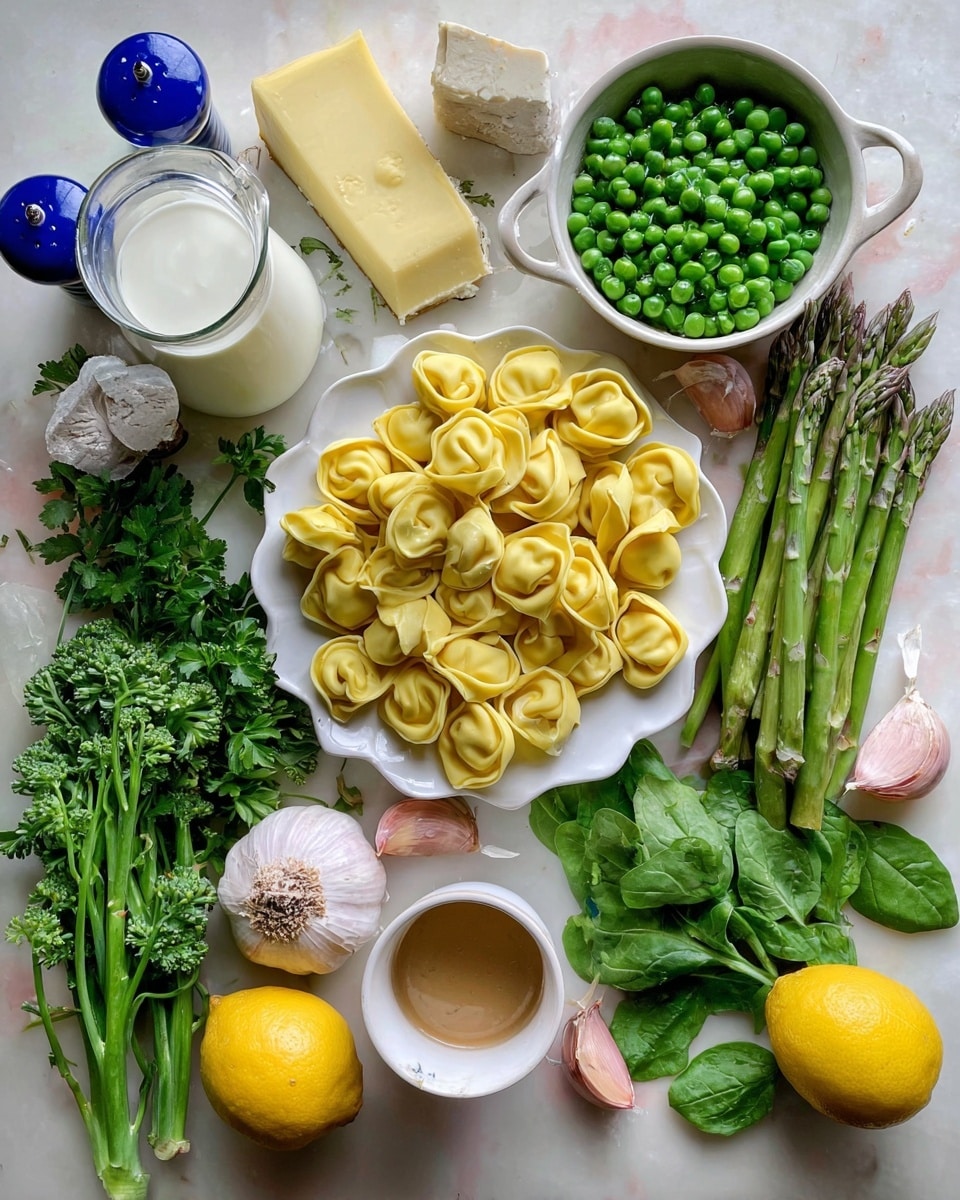 The image shows many fresh ingredients arranged on a white marbled surface. In the center left, there is one white scalloped plate full of yellow tortellini pasta. Above it, a white round bowl is filled with frozen green peas. To the right, several green asparagus stalks lie flat with some spinach leaves next to them. Near the bottom right, a white small cup contains a light brown liquid, while a slice of lemon and a whole lemon rest nearby. On the left side, green broccolini and fresh parsley with long stems are spread out. A chunk of cheese sits next to a clear glass jug of milk in the top left corner. A pair of blue and white salt and pepper shakers are near the center. Scattered near the top right, there is a shallot, garlic cloves, and more spinach leaves. A white dish with a stick of butter is positioned at the bottom edge. Everything is set on the white marbled surface, and the colors are bright and natural. Photo taken with an iphone --ar 4:5 --v 7