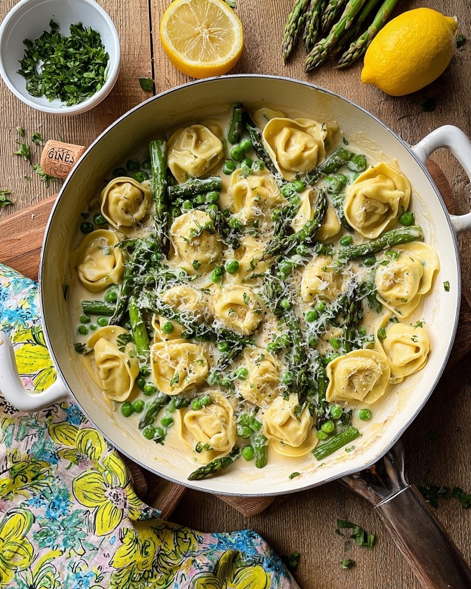 A white pan filled with three layers of food: the bottom has a light creamy sauce, the middle layer shows bright green long asparagus pieces and small green peas, and the top layer has many round, folded yellow tortellini pasta filled and sprinkled lightly with grated cheese. On the side of the pan, close to the rim, there is a thin lemon slice. The pan rests on a wooden surface with a lemon half, a small cork, and a white bowl with chopped green herbs nearby. A colorful cloth with lemon and green patterns lies partly under the pan. Photo taken with an iphone --ar 4:5 --v 7