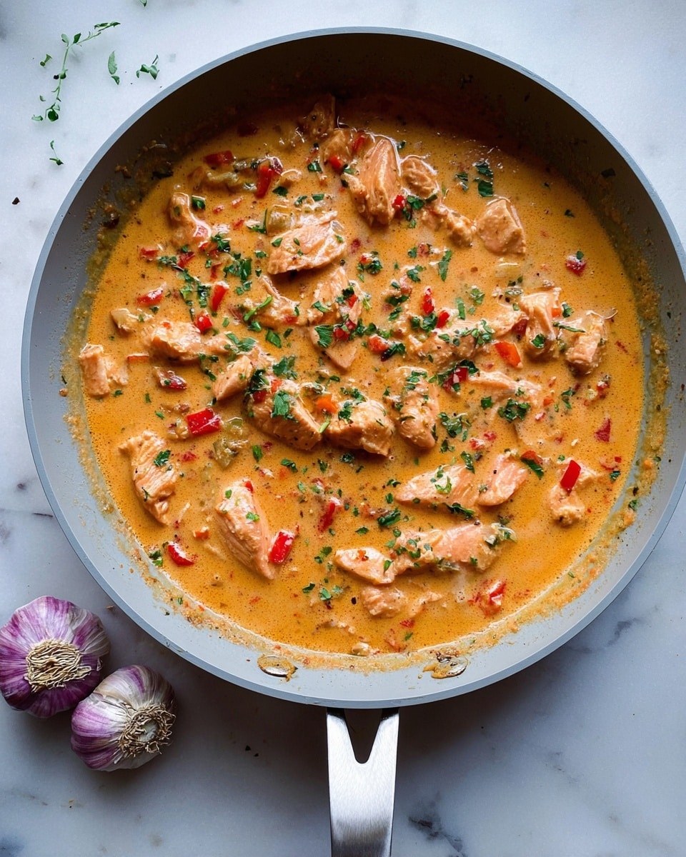 A large light gray pan filled with creamy orange sauce covering soft pink pieces of cooked chicken, mixed with small red diced peppers and green chopped herbs scattered on top. The sauce looks thick and smooth with little bits of spices and garlic. The pan handle extends toward the front on a white marbled surface, with two purple garlic bulbs placed nearby. Photo taken with an iphone --ar 4:5 --v 7