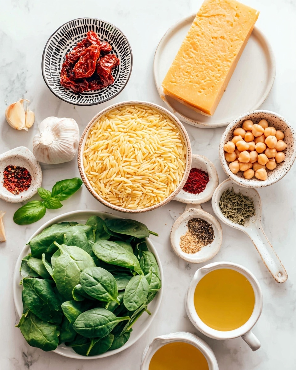The image shows a flat lay of various ingredients arranged neatly on a white marbled surface. In the center, there is a round bowl filled with light yellow orzo pasta. Below it, a white plate holds fresh dark green spinach leaves. To the right of the spinach, a small speckled bowl contains light brown chickpeas. Above the orzo, a small white plate bears a thick wedge of pale yellow cheese with an orange rind. In the top left corner, a small black and white patterned bowl holds rich red sun-dried tomatoes. Scattered on a white plate to the left are garlic cloves, fresh basil leaves, and three white spoons containing black pepper, red chili powder, and dried herbs. Near the bottom left, a yellow-rimmed cup holds golden olive oil. On the right side of the image, two white ceramic cups hold light yellow broth and creamy liquid. The scene is bright and clean with natural lighting. photo taken with an iphone --ar 4:5 --v 7