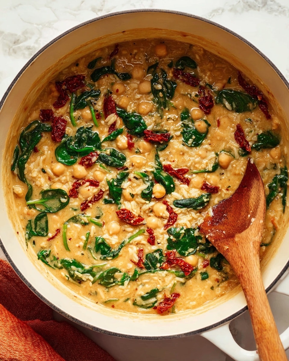 A white pot filled with a creamy stew showing three main layers: the thick golden broth as the base, mixed in with light beige chickpeas and small rice pieces, scattered unevenly; atop this, bright dark green spinach leaves fold around and mix in, providing a fresh texture; and bright red sun-dried tomato chunks are spread throughout, adding color contrast, all mixed and stirred with a wooden spoon visible on the right side, resting inside the pot. The pot sits on a white marbled surface with a corner of an orange cloth visible at the bottom left. photo taken with an iphone --ar 4:5 --v 7