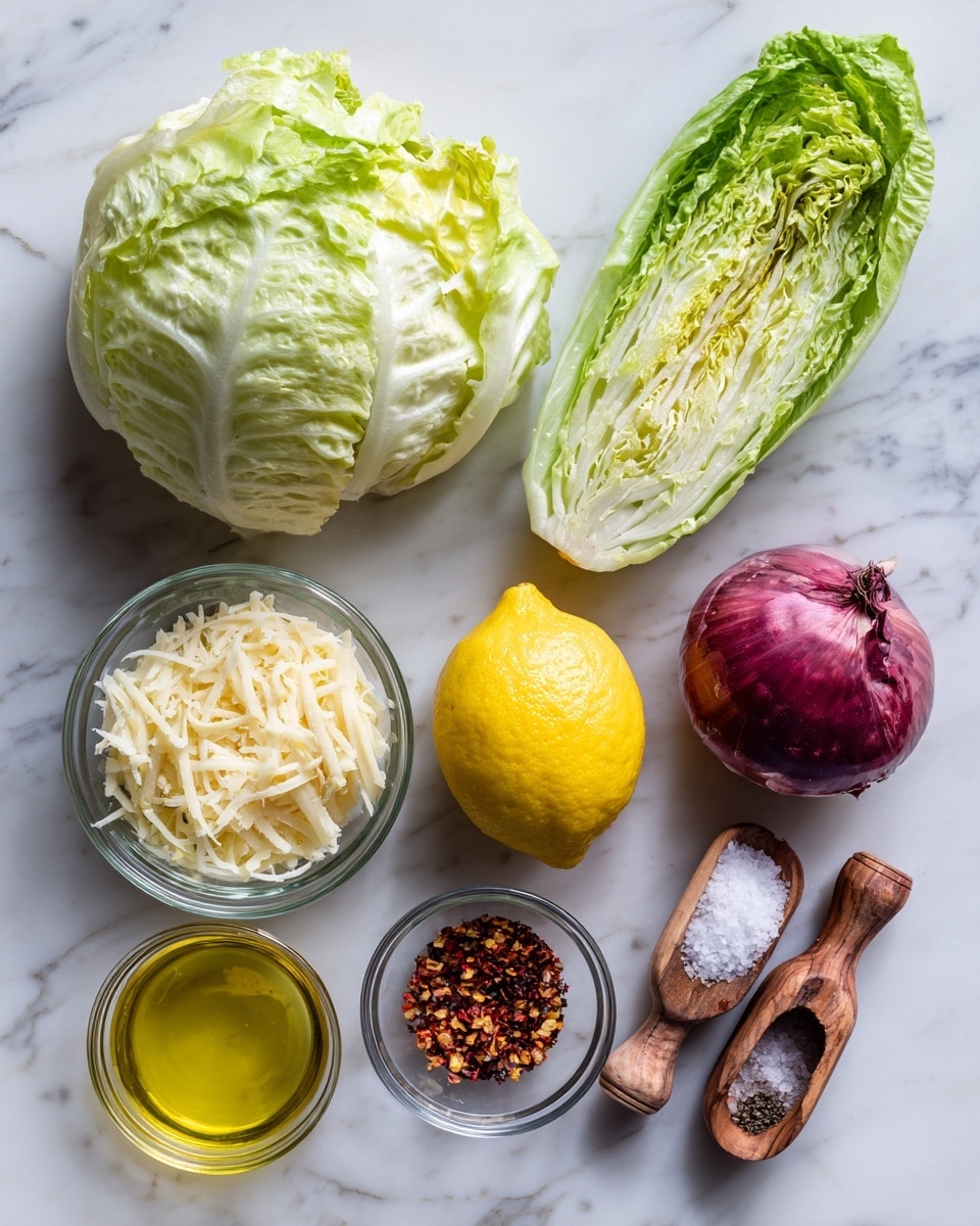 The image shows fresh ingredients arranged neatly on a white marbled surface. On the top left, there is a round, light green iceberg lettuce with smooth, pale leaves. To the right of it, a long, darker green romaine heart with a crisp texture and leafy edges. Below and centered, a bright yellow lemon with a smooth skin. Below the lemon, a small clear bowl filled with shredded Parmesan cheese, light yellow in color and finely textured. Nearby, another small clear bowl holds red pepper flakes that are deep red with small yellow seeds. To the right of the flakes, a reddish-purple shallot with a shiny and smooth skin. Along the bottom, a small clear bowl of golden olive oil. On the right, two small wooden scoops hold salt, which is white and coarse, and black ground pepper, which is dark and grainy. The photo taken with an iphone --ar 4:5 --v 7