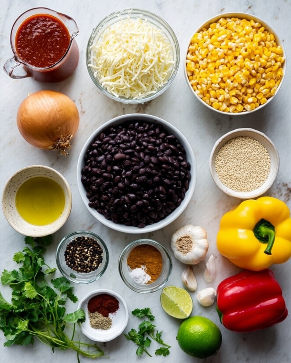 The image shows a white marbled surface with several small bowls and fresh ingredients neatly placed on it. In the middle, there is a white bowl filled with shredded white and yellow cheese. Below it, a white bowl holds black beans. To the right, there are two glass measuring cups, one with yellow corn kernels and another with raw quinoa grains. A glass pitcher contains a red sauce next to a whole yellow onion on the left. There are small white bowls with olive oil, mixed spices, and black pepper, along with fresh cilantro, a green chili, a lime, a red bell pepper, a yellow bell pepper, and a garlic bulb scattered around. The arrangement shows all ingredients spaced out clearly on the white marbled surface, photo taken with an iphone --ar 4:5 --v 7