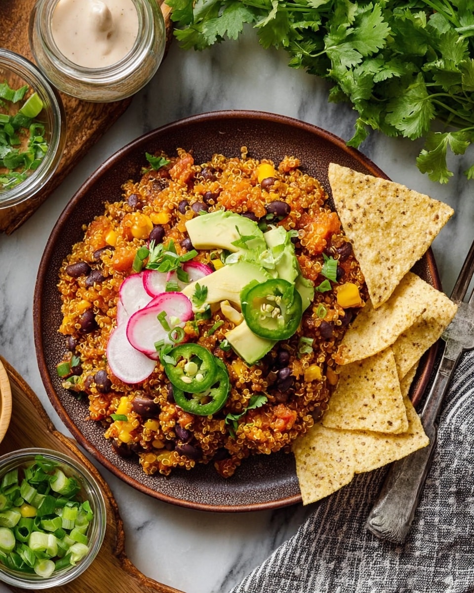 The image shows a brown plate with a colorful quinoa dish in the center. The base layer is made of orange and yellow quinoa mixed with black beans and bits of yellow corn, creating a textured and slightly shiny surface. On top of this, there are slices of light green avocado, round pink and white radish slices, and dark green jalapeño slices. Small green onion pieces and fresh green cilantro leaves are scattered on the top, adding a fresh look. On the right side of the plate, three light beige tortilla chips lean against the quinoa. The plate is placed on a white marbled surface, with a bowl of chopped green onions and a jar with white sauce next to it. A bunch of fresh cilantro and a striped cloth napkin with a fork are partly visible around the plate. photo taken with an iphone --ar 4:5 --v 7