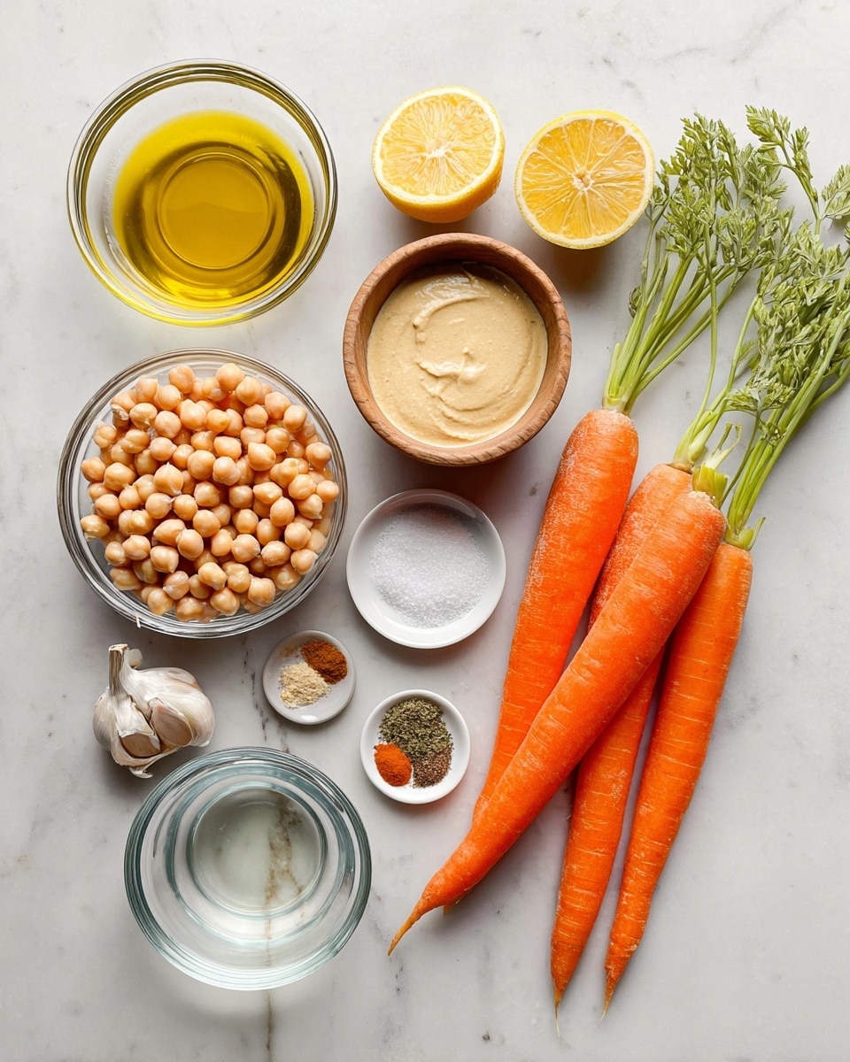 The image shows fresh ingredients arranged neatly on a white marbled surface. There are four vibrant orange carrots with green tops placed diagonally to the right side. Above the carrots, there are two lemon halves with a bright yellow color. A glass bowl of golden olive oil sits near the top center and a smaller bowl of creamy tahini is near the lower right. A small wooden bowl filled with white salt is placed next to the tahini. To the left, a glass bowl full of beige chickpeas is visible, and near it, there are three garlic cloves. A small white plate holds three different ground spices in shades of brown and green. Another clear glass bowl containing water completes the set of ingredients. Photo taken with an iphone --ar 4:5 --v 7
