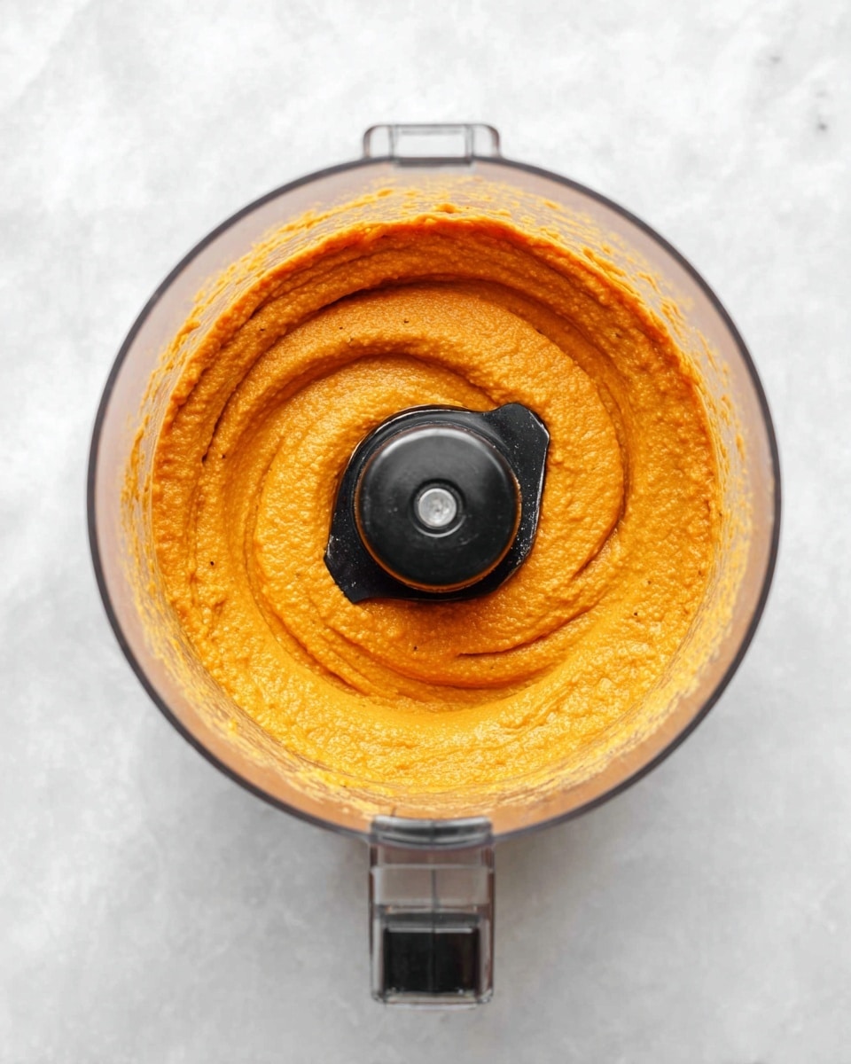 A clear food processor bowl filled evenly with a smooth, thick, bright orange mixture. The mixture has a soft texture with visible swirl patterns on the surface, showing that it has been recently blended. The bowl is placed on a white marbled textured surface, and the food processor’s black blade is centered in the middle of the mixture. Photo taken with an iphone --ar 4:5 --v 7