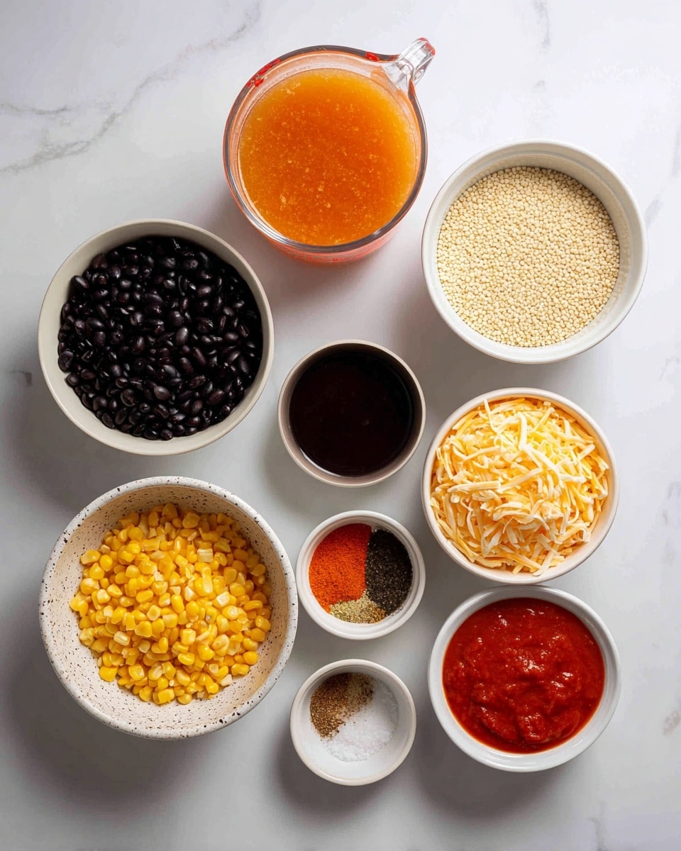 The image shows eight small white bowls and one black bowl arranged on a white marbled surface, each filled with different ingredients. Starting from the top left, there is a clear glass measuring cup filled with light orange vegetable broth. Next to it on the right, a white bowl holds small, white quinoa grains. Below the quinoa, another white bowl contains shredded orange and white Mexican blend cheese. To the left of the cheese in a black bowl are black beans. Below the black beans, a white bowl is filled with yellow sweet corn kernels. To the bottom left, a white speckled bowl holds chunky fire-roasted tomatoes in red sauce, and to its right, a white bowl contains red enchilada sauce. Near the red sauce, a small white bowl has various spices: cumin, chili powder, onion powder, garlic powder, and salt. The arrangement is neat, and the lighting is bright, showing clear textures and colors. Photo taken with an iphone --ar 4:5 --v 7
