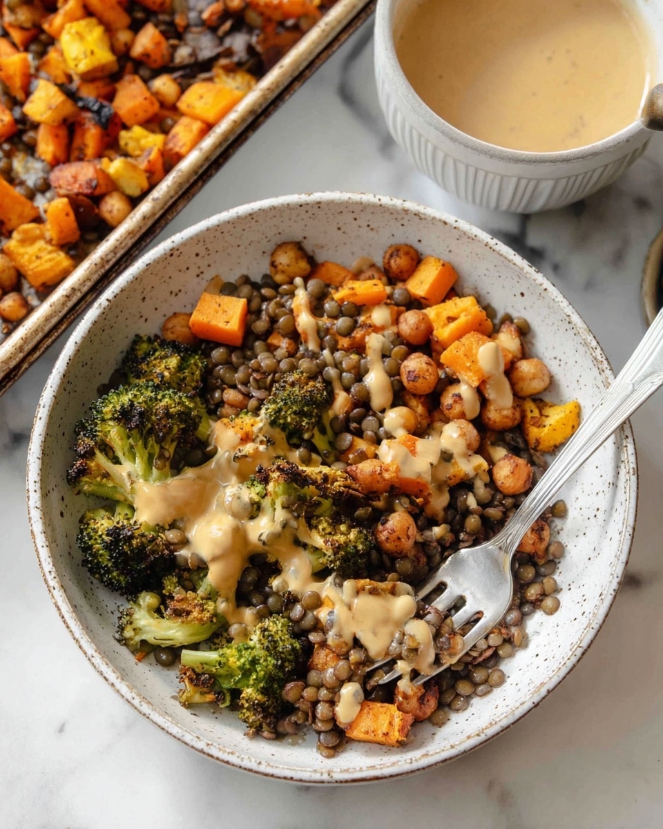 A bowl filled with three main layers: the bottom layer has cooked lentils and chickpeas, the middle layer contains roasted broccoli florets and small cubes of roasted orange sweet potato, and the top layer is lightly drizzled with a creamy beige sauce. The bowl is white with a speckled rim, placed on a white marbled surface. A fork is resting inside the bowl, lifting a mix of the ingredients. Nearby, there is a tray with more roasted sweet potatoes and broccoli and a white bowl filled with the same beige sauce. Photo taken with an iphone --ar 4:5 --v 7