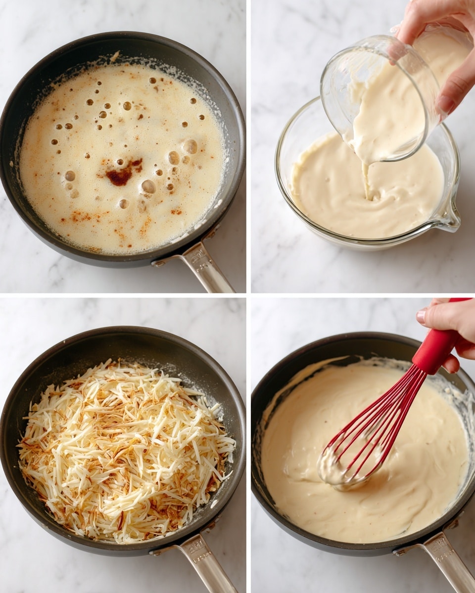 The images show a four-step cooking process in a black pan on a white marbled surface. In the first image, there is a light cream mixture with bubbles and a small dark spot in the center. The second image shows a woman's hand pouring a white liquid from a glass measuring cup into the pan while a red whisk stirs the mixture. The third image displays shredded light orange and white cheese layered on top of the creamy mixture in the pan. The fourth image focuses on a red whisk lifting thick, smooth, light beige cheese sauce from the pan, showing its creamy texture. Photo taken with an iphone --ar 4:5 --v 7