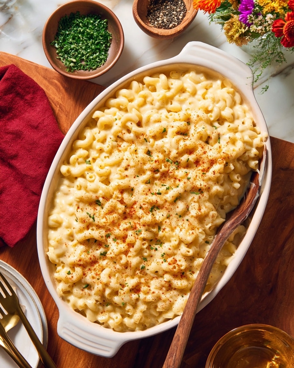 A thick layer of creamy macaroni and cheese fills a white oval dish, with elbow-shaped pasta covered evenly in a smooth, pale yellow cheese sauce. The top layer is sprinkled with a light dusting of reddish-brown seasoning, adding a subtle texture contrast. A wooden spoon rests on the right side inside the dish, partially submerged in the cheesy pasta. In the background, a wooden bowl holds chopped green herbs, and yellow flowers rest on a white marbled surface. Photo taken with an iphone --ar 4:5 --v 7