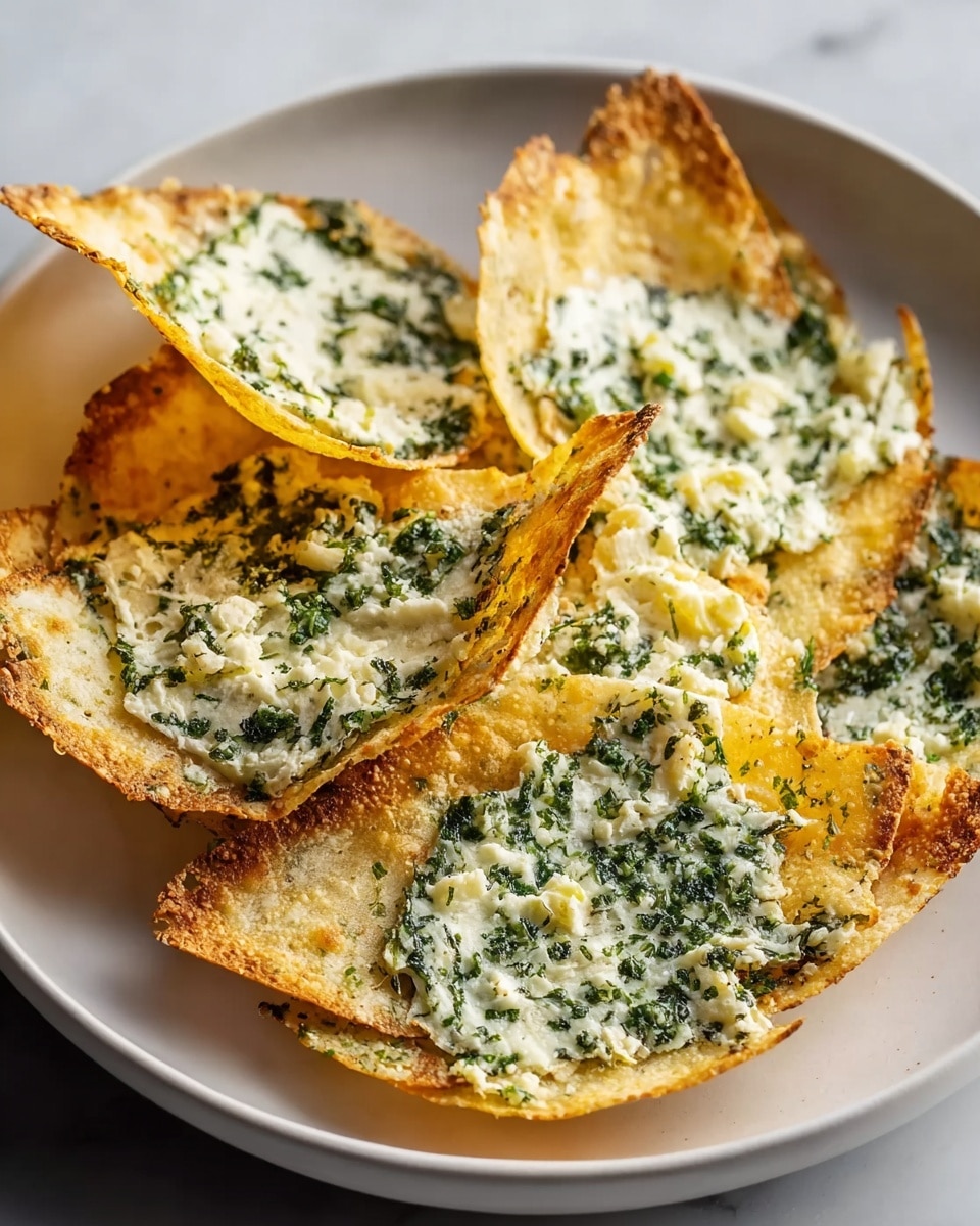 The image shows several square pieces of a baked dish arranged on a white plate with slightly rounded edges. Each piece has a thin, crispy golden-brown crust on top with visible melted cheese that forms a bubbly texture. Dark green leafy patches, likely spinach, spread unevenly across the surface add color contrast. Small dollops of white soft cheese sit on top of some pieces, creating a textured look. The dish is set against a white marbled surface, with soft natural light enhancing the warm tones of the crust and the fresh look of the greens and cheese. photo taken with an iphone --ar 4:5 --v 7