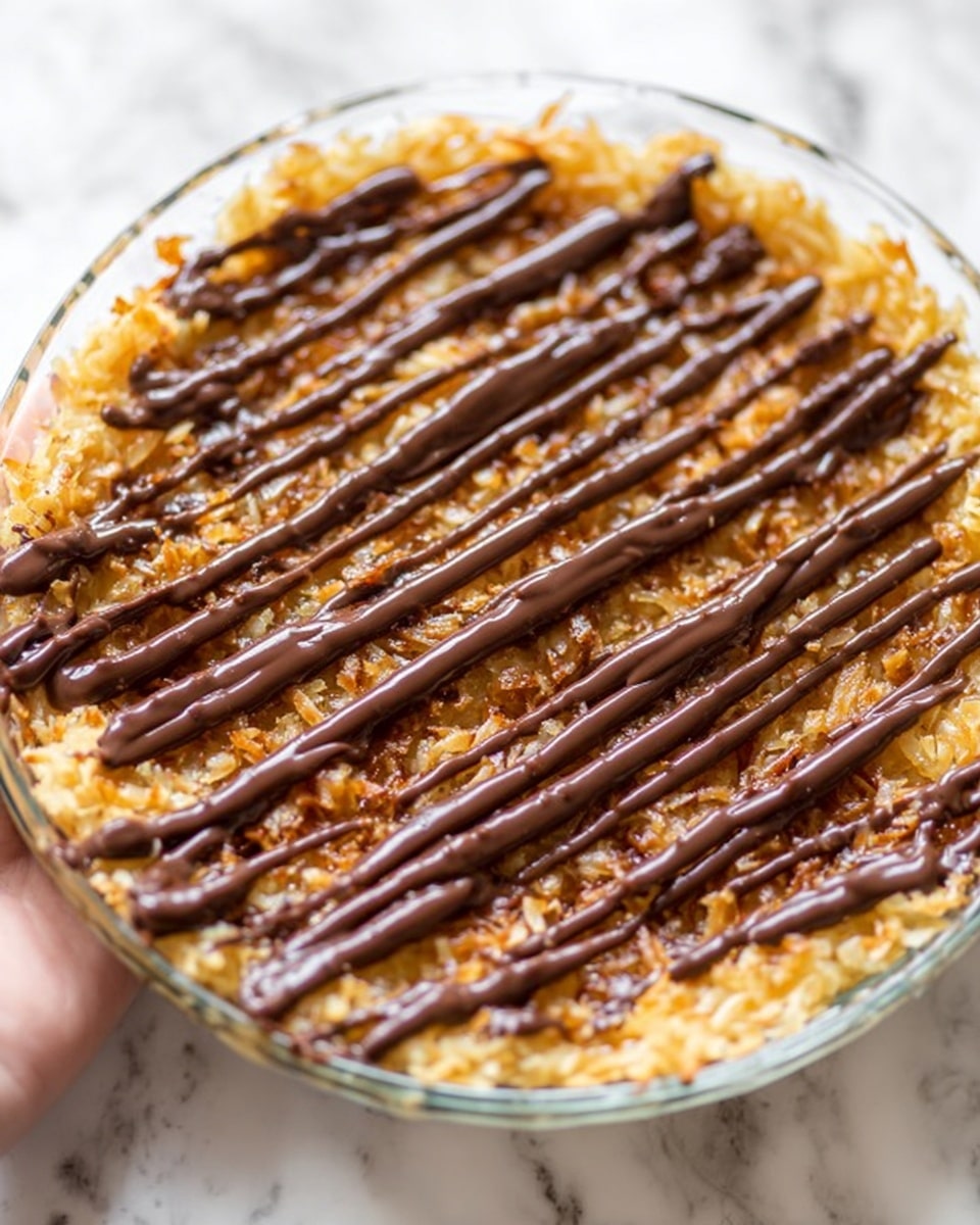A pie with a golden brown crust topped with a textured layer of oats, nuts, or coconut, covered with thick zigzag stripes of melted dark chocolate. One slice is missing from the clear glass pie dish, revealing a slightly sticky, textured filling beneath the oats layer. Two white plates each hold a single slice of the pie with crumbs around, and a silver fork rests on the marble-like white surface. The light is bright, showing the details of the pie texture clearly. Photo taken with an iphone --ar 4:5 --v 7