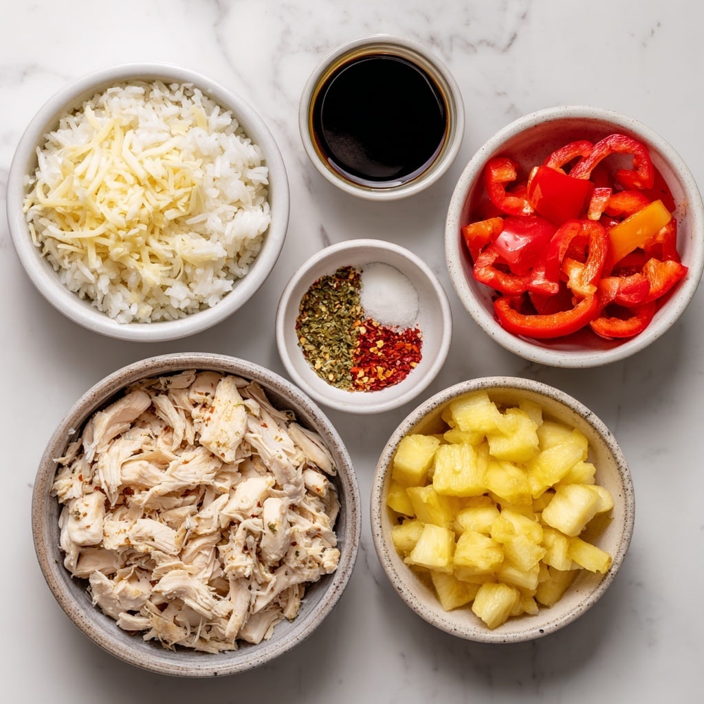 A tray holds ten yellow bell peppers, each standing upright and filled with three layers: the bottom layer is small white rice grains, topped with golden-yellow grilled pineapple chunks marked with dark grill lines, and finally sprinkled with chopped fresh green herbs. The peppers’ shiny skin is smooth and bright, contrasting with the textured rice filling and the glazed pineapple pieces. The tray sits on a white marbled surface, and soft natural light bathes the scene, making the colors warm and inviting. photo taken with an iphone --ar 4:5 --v 7