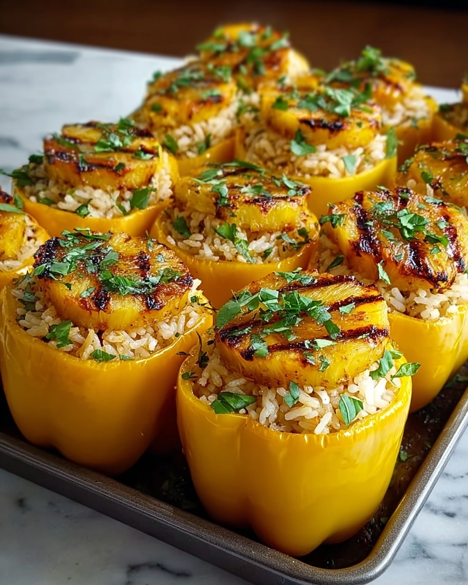 The image shows a white tray filled with eight yellow bell peppers, each hollowed out and used as a bowl. Inside each pepper is a layer of cooked rice mixed with small bits of a white ingredient, topped with golden pieces of grilled pineapple that have a slight char. The pineapples are sprinkled with sesame seeds and chopped green onions, adding touches of white and green on top. The peppers sit on a white marbled surface with some fresh green herbs blurred in the background. The lighting highlights the shiny, slightly soft texture of the peppers and the caramelized look of the grilled pineapple. Photo taken with an iphone --ar 4:5 --v 7