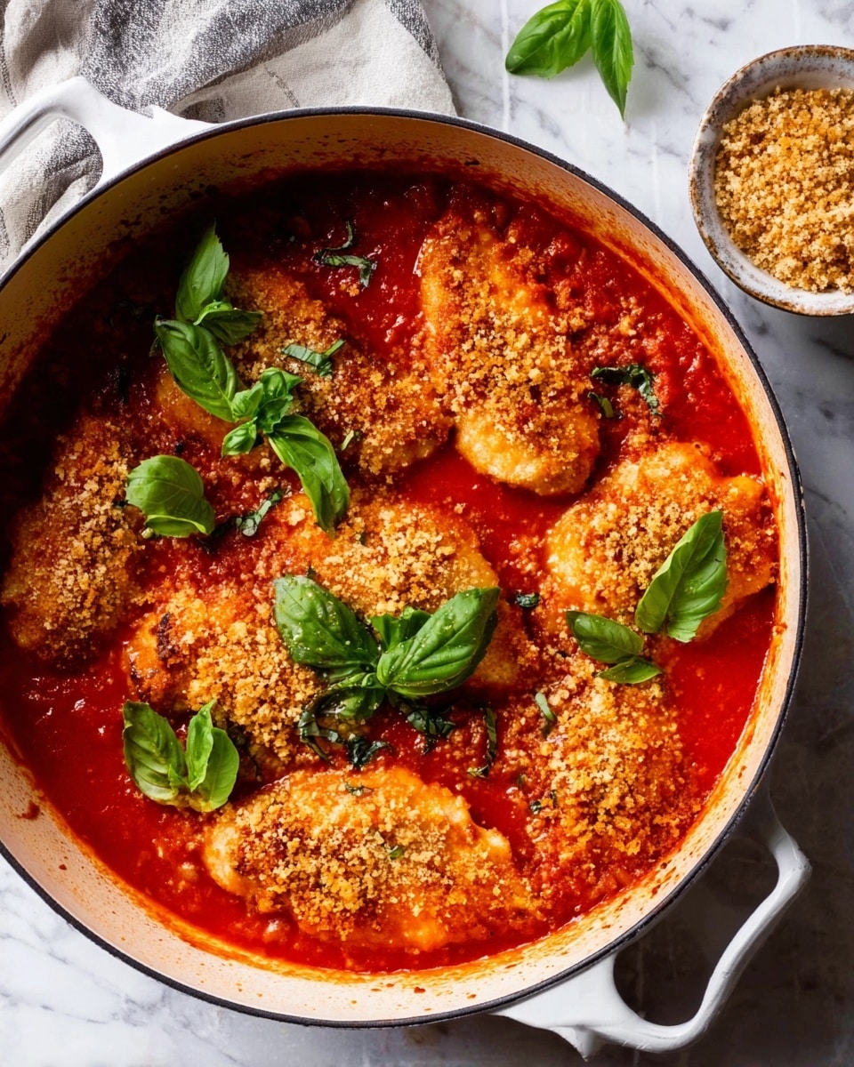 A white pot filled with bright red tomato sauce covering six pieces of golden brown chicken on the bottom and middle layers. The chicken has a crispy light brown crumb topping scattered lightly over the top. Fresh green basil leaves are placed across the sauce and chicken, adding bright green color. A small bowl with more crumb topping is in the top right corner on a white marbled surface. photo taken with an iphone --ar 4:5 --v 7