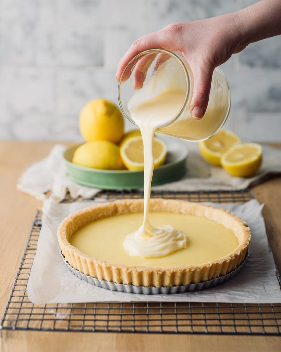 A round tart with a light golden crust forms the bottom layer, evenly thick and smooth-edged. On top of the crust is a pale yellow, smooth lemon filling that fills the tart completely and looks creamy. The tart sits on white parchment paper placed on a metal cooling rack on a wooden surface. In the background, there is a white chair, a green bowl holding whole and halved lemons, and a clear glass measuring cup with leftover pale yellow lemon mixture inside. A knife and a grey linen cloth lie beside the tart. The overall scene has a warm and soft natural light. Photo taken with an iphone --ar 4:5 --v 7