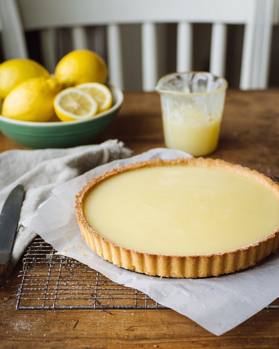 A lemon tart with one visible layer is shown on a white marbled surface; the tart has a light brown crust that holds a smooth, pale yellow filling that covers the entire tart. A woman's hand is seen holding a spatula above the tart, appearing to smooth the filling's surface. In the background, there is a white chair and a green bowl holding whole and cut lemons, as well as a transparent measuring jug with some yellow residue inside. The whole scene looks clean and bright. photo taken with an iphone --ar 4:5 --v 7
