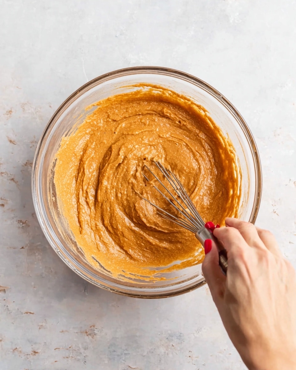A clear glass bowl sits on a white marbled surface, filled with a thick, creamy orange-brown batter that has a smooth but slightly chunky texture. A woman's hand with red nail polish holds a silver whisk, partially submerged on the right side, stirring the thick mixture. The batter clings to the sides of the bowl, showing its dense consistency. photo taken with an iphone --ar 4:5 --v 7