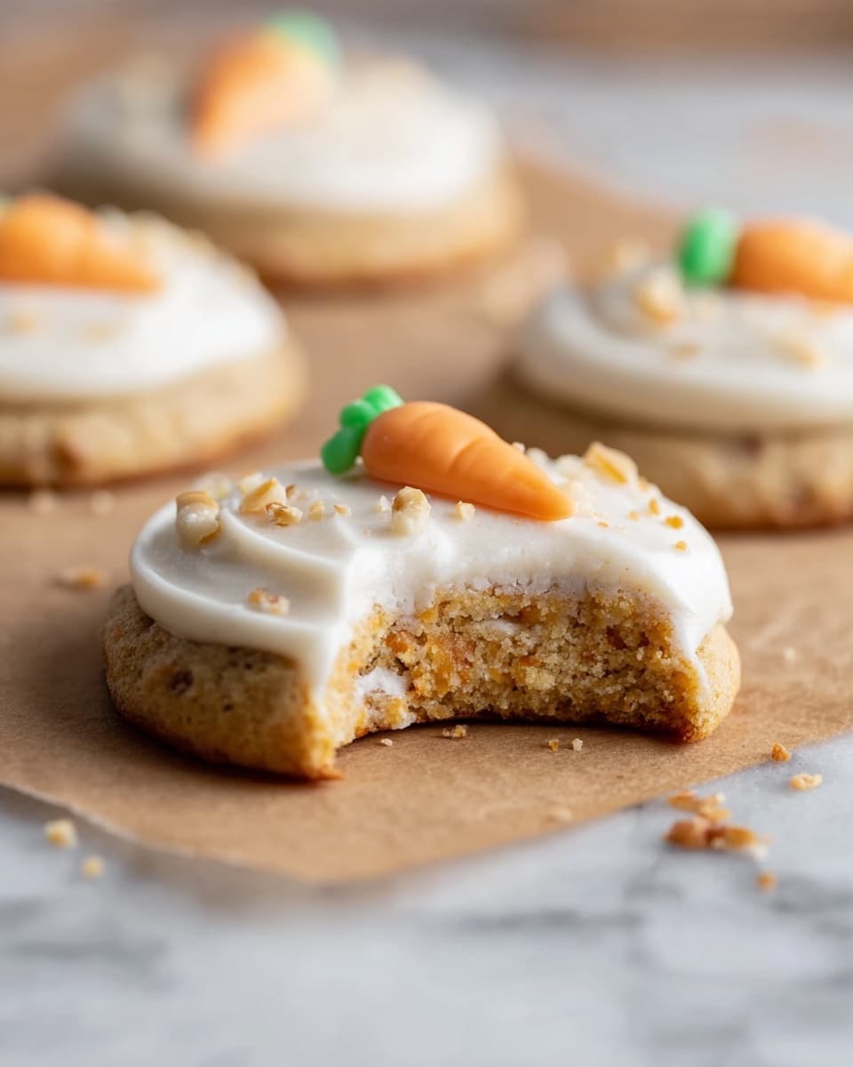 The image shows round carrot cookies arranged on a white marbled surface. Each cookie has a soft brown base and a thick layer of smooth white frosting spread on top, close to the edges. In the center of the frosting is a small orange carrot decoration with green leaves, made from icing. There are finely chopped nuts scattered lightly over the frosting, adding texture and subtle color. The cookies are slightly spaced, and the focus is sharp on the cookie in the middle with a few others softly blurred around it. photo taken with an iphone --ar 4:5 --v 7