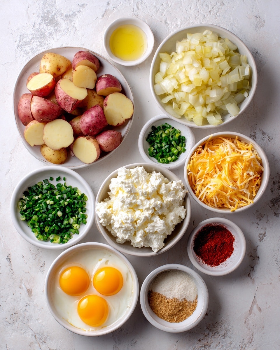 The image shows several small white bowls and a white plate arranged on a white marbled surface, each containing different ingredients. Starting from the top left, a white plate holds chopped red potatoes with their skin on, showing a mix of red and pale yellow colors. Next, a small white bowl contains chopped yellow onion pieces in pale yellow and white shades. Moving to the center, a white bowl is filled with lumpy white cottage cheese. Surrounding it are small bowls with finely chopped green chives, a mix of salt and bright red smoked paprika, and a bowl with finely shredded light orange cheddar cheese. Another bowl holds three raw eggs with bright yellow yolks and clear whites. Lastly, a tiny white bowl contains golden oil while a similar bowl nearby holds light brown onion powder. The overall setting is neat, with fresh, colorful ingredients ready for cooking photo taken with an iphone --ar 4:5 --v 7