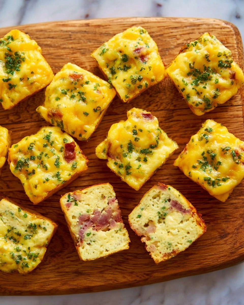 A close-up of a small stack of golden-baked egg muffins on a white marbled surface, with two muffins on top showing the inside filled with light yellow eggs, diced white potatoes, and small pieces of pink ham. The muffins have melted yellow cheese on top sprinkled with green herbs. The muffins are thick and show a soft, slightly bumpy texture from the cooked eggs and ingredients inside. Photo taken with an iphone --ar 4:5 --v 7