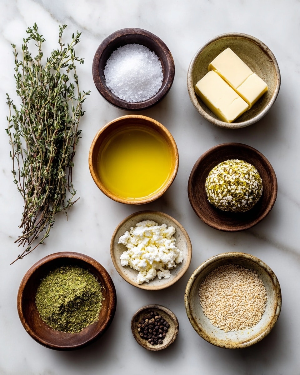 A top-down view of nine small bowls placed neatly on a white marbled surface, each bowl containing a different ingredient. Starting from the left, a bunch of fresh thyme with green leaves and brown stems lies directly on the surface; below it is a dark wooden bowl filled with coarse white salt. Next to the salt, a light wooden bowl holds crumbled white cheese. In the middle row, a smooth light bowl is filled with golden yellow oil, while above it, a dark wooden bowl contains a green herb powder. To the right, a rustic ceramic bowl holds a round ball coated in a mix of white sesame seeds and green herbs. Above this, an aged ceramic bowl has two small blocks of pale butter. On the bottom right, a dark ceramic bowl is filled with white sesame seeds, next to it a small light ceramic bowl shows whole black peppercorns, and above this, another dark wooden bowl contains a darker greenish spice powder. The photo taken with an iphone --ar 4:5 --v 7