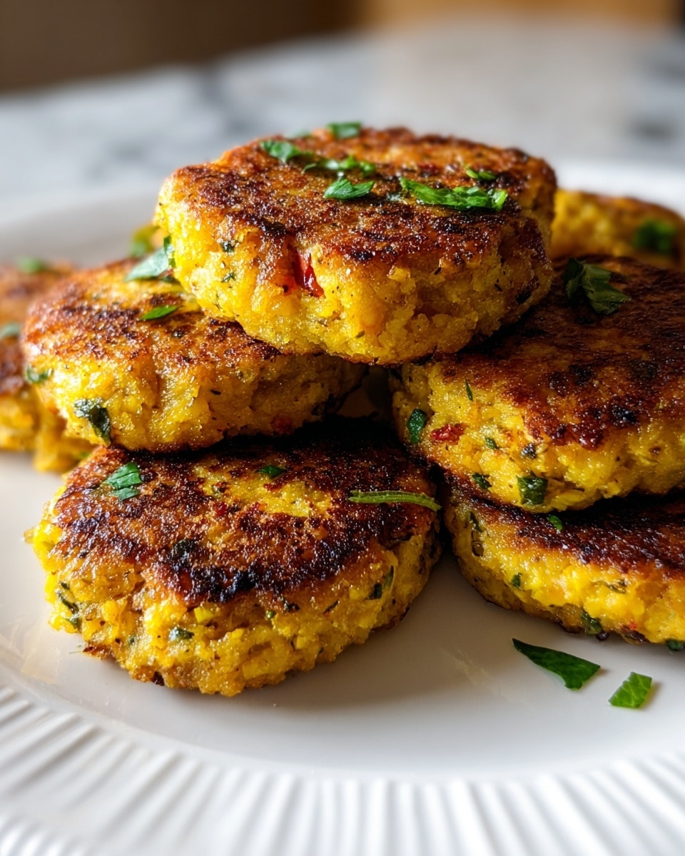 The image shows several golden brown patties stacked on a white plate, each patty with a crispy, slightly charred outer layer and flecks of green herbs mixed inside. The patties have a textured surface with visible small bits of vegetables, giving a rough and homemade look. Green herb sprigs are scattered on top and around the patties for decoration. The plate sits on a white marbled surface, and the photo focuses closely on the patties to show their crispy texture and color contrasts. photo taken with an iphone --ar 4:5 --v 7