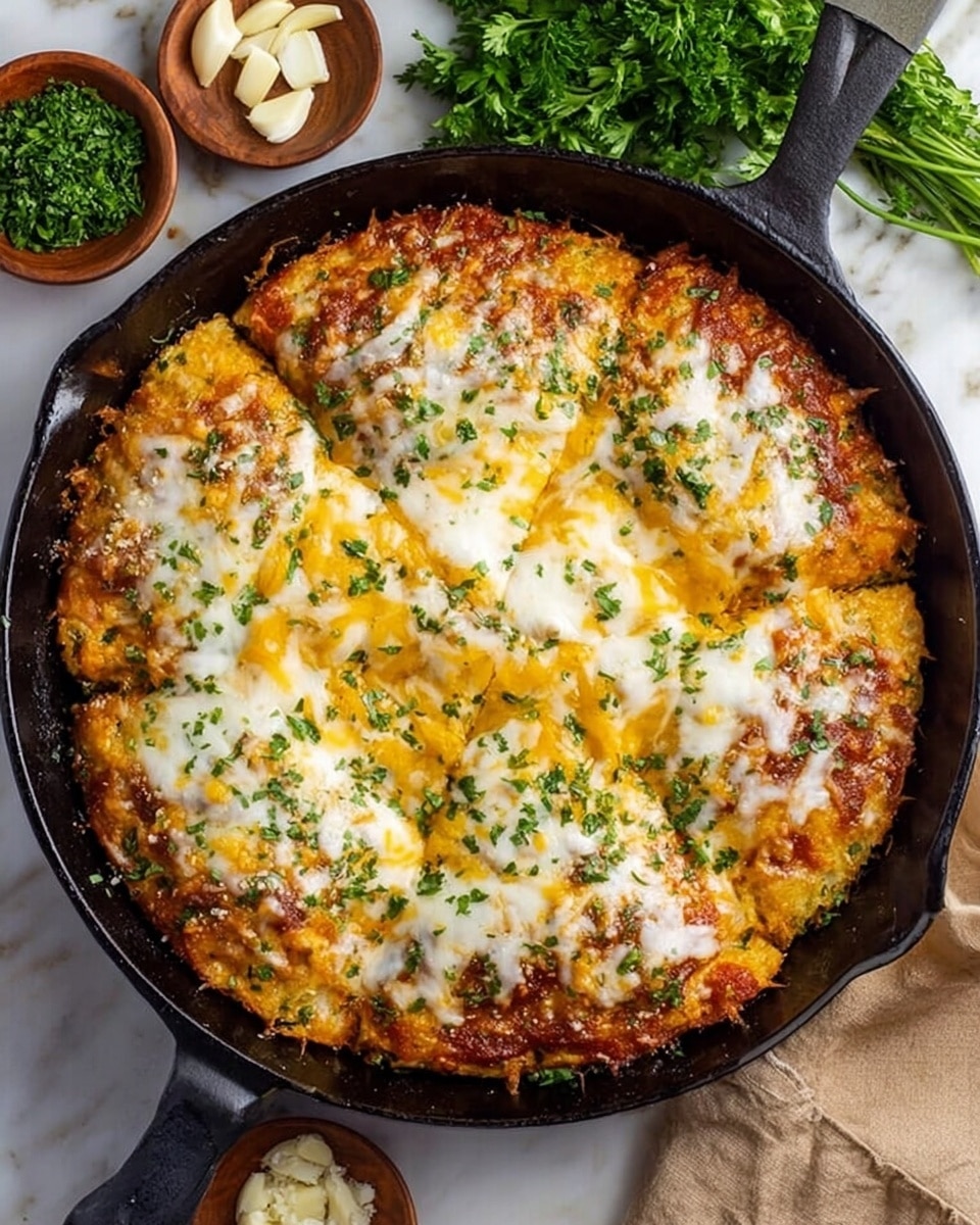 A close-up of a slice being lifted from a skillet filled with a cheesy dish. The top layer is golden brown melted cheese with bubbles and hints of herbs. Under the cheese, a thick layer of soft, creamy filling stretches in long strings as the slice is lifted. The bottom layer is a slightly browned, fluffy base that holds the dish together. The skillet is black, placed on a white marbled surface, and a woman's hand is holding the slice being lifted. photo taken with an iphone --ar 4:5 --v 7