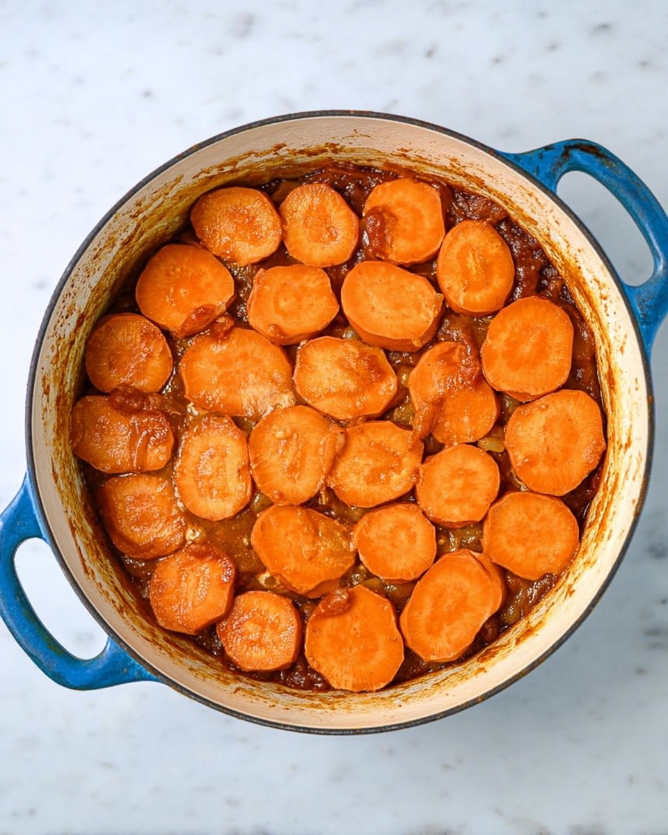 The image shows a round white pot with blue handles on a white marbled surface. Inside, there is a dish with two clear layers: the bottom layer is a thick brown sauce or stew with visible chunks, and the top layer consists of evenly spread, round orange slices that look like cooked sweet potatoes. The slices are arranged in a single layer, slightly overlapping each other, covering the whole surface of the stew. The edges of the pot show some cooked residue from the sauce. Photo taken with an iphone --ar 4:5 --v 7