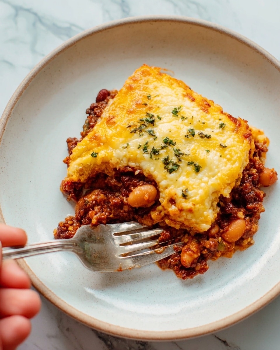 The image shows a white plate with a square piece of layered casserole. The bottom layer is a rich, dark brown meat sauce mixed with light brown beans, both with a slightly chunky texture. On top is a thick layer of melted yellow cheese with a light golden-brown crust and small green herb flakes sprinkled over it. A silver fork is inserted into the top right of the casserole, resting on the plate, and a woman's hand is holding the fork. The plate is set on a white marbled surface. Photo taken with an iphone --ar 4:5 --v 7