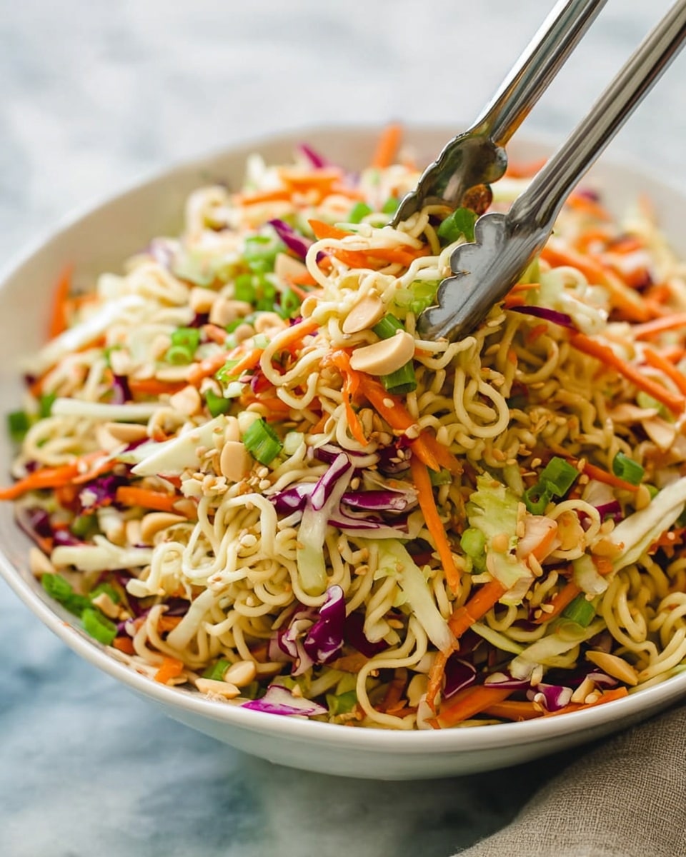 A white bowl filled with a colorful noodle salad resting on a white marbled surface. The salad has several layers: the bottom layer shows light beige curly ramen noodles that appear dry and wavy, mixed throughout thin strips of bright orange carrots. Interspersed among the noodles are small pieces of shredded cabbage showing a mix of pale green and hints of purple. Scattered on top are toasted almond slivers and chopped green onions in vivid green. A pair of silver metal tongs is seen picking up a portion of the salad. The background is softly blurred with light blue and white tones. photo taken with an iphone --ar 4:5 --v 7