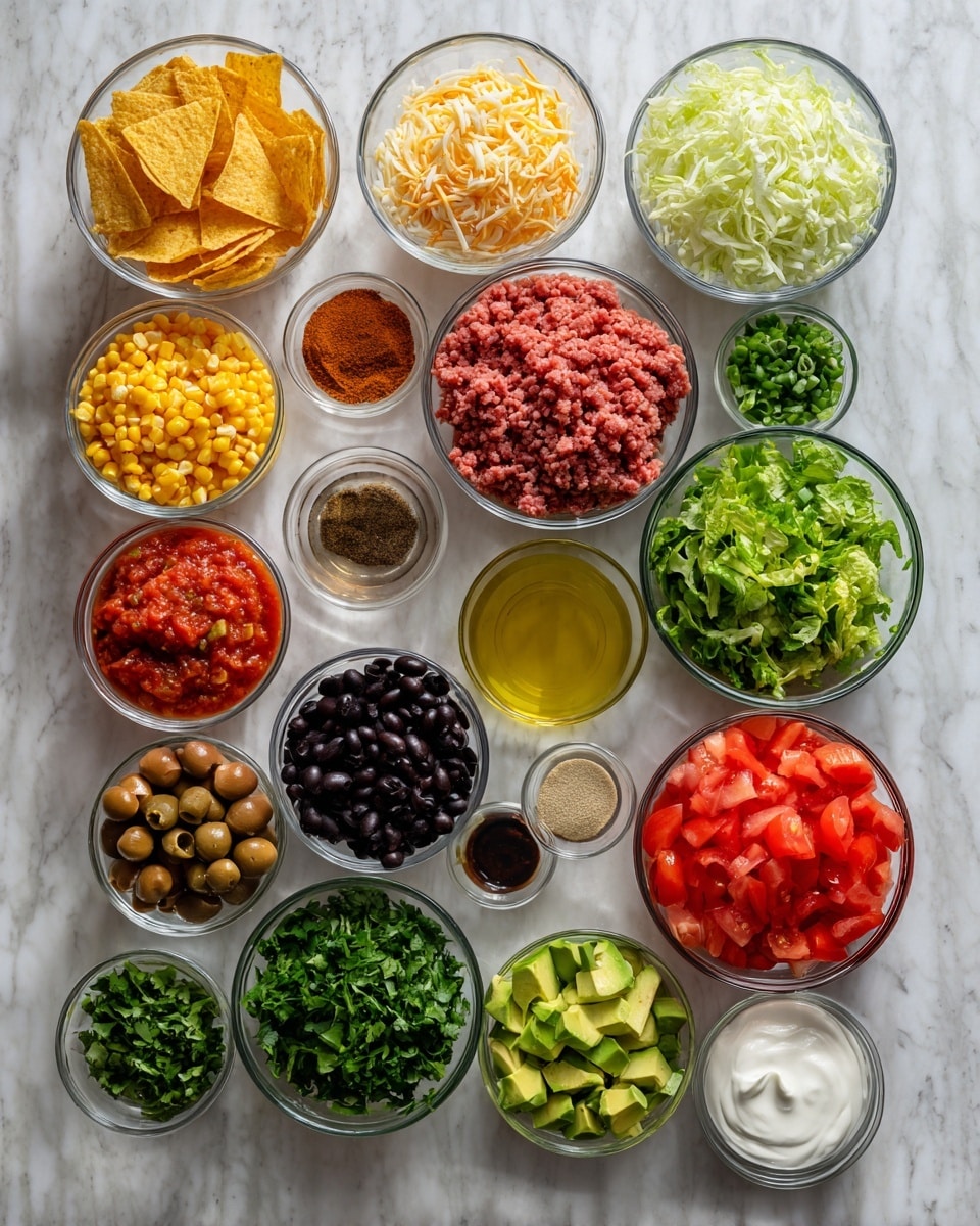 The image shows a white marbled surface with small clear glass bowls arranged neatly, each filled with a different ingredient. On the left side, from top left to bottom right, there are bowls with golden tortilla chips, finely chopped white onions, a mix of shredded cheddar cheese in light orange and yellow colors, bright red salsa, yellow corn kernels, and raw ground beef in a pinkish-red color. Above these is a small bowl with spices labeled paprika, cumin, garlic powder, chilli powder, and onion powder. In the middle, there is a bowl of shiny black beans and a bowl of golden olive oil. On the right side, there are bowls with brown olives, chopped green cilantro, shredded green lettuce, chopped green scallions, creamy white sour cream, and halved bright red tomatoes. Near the top right is a bowl with diced green avocado. The bowls are placed on the white marbled background in an organized way that shows each ingredient clearly. Photo taken with an iphone --ar 4:5 --v 7