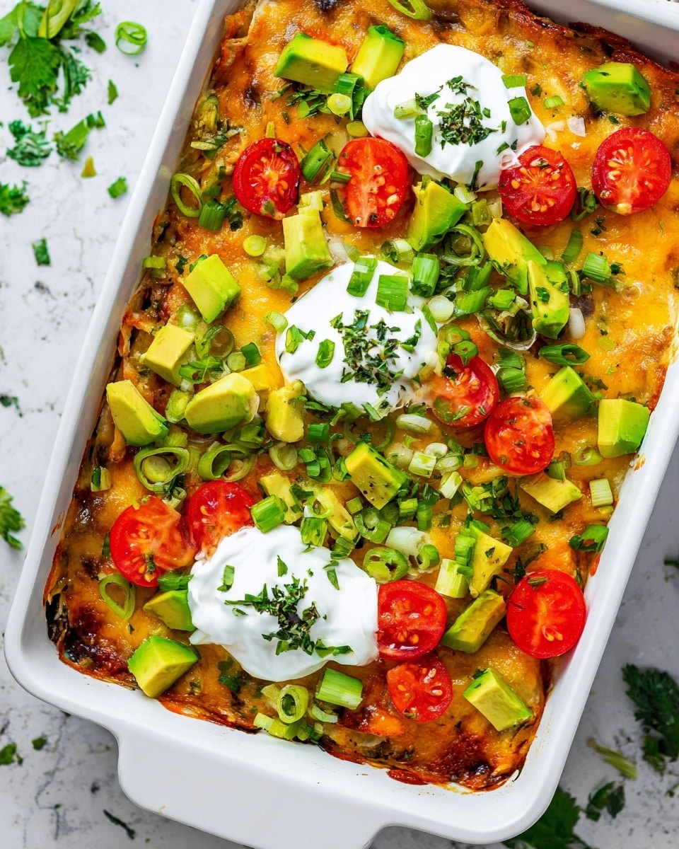 A white rectangular dish holds a layered casserole with a melted golden cheese top layer visible beneath scattered bright green chopped lettuce and avocado cubes. Cherry tomato halves in vibrant red are spread around the surface along with green onion slices and small bits of herbs. Two dollops of white sour cream sit near the center, garnished with fine chopped green herbs. The dish rests on a white marbled textured surface with some scattered herbs visible nearby. photo taken with an iphone --ar 4:5 --v 7