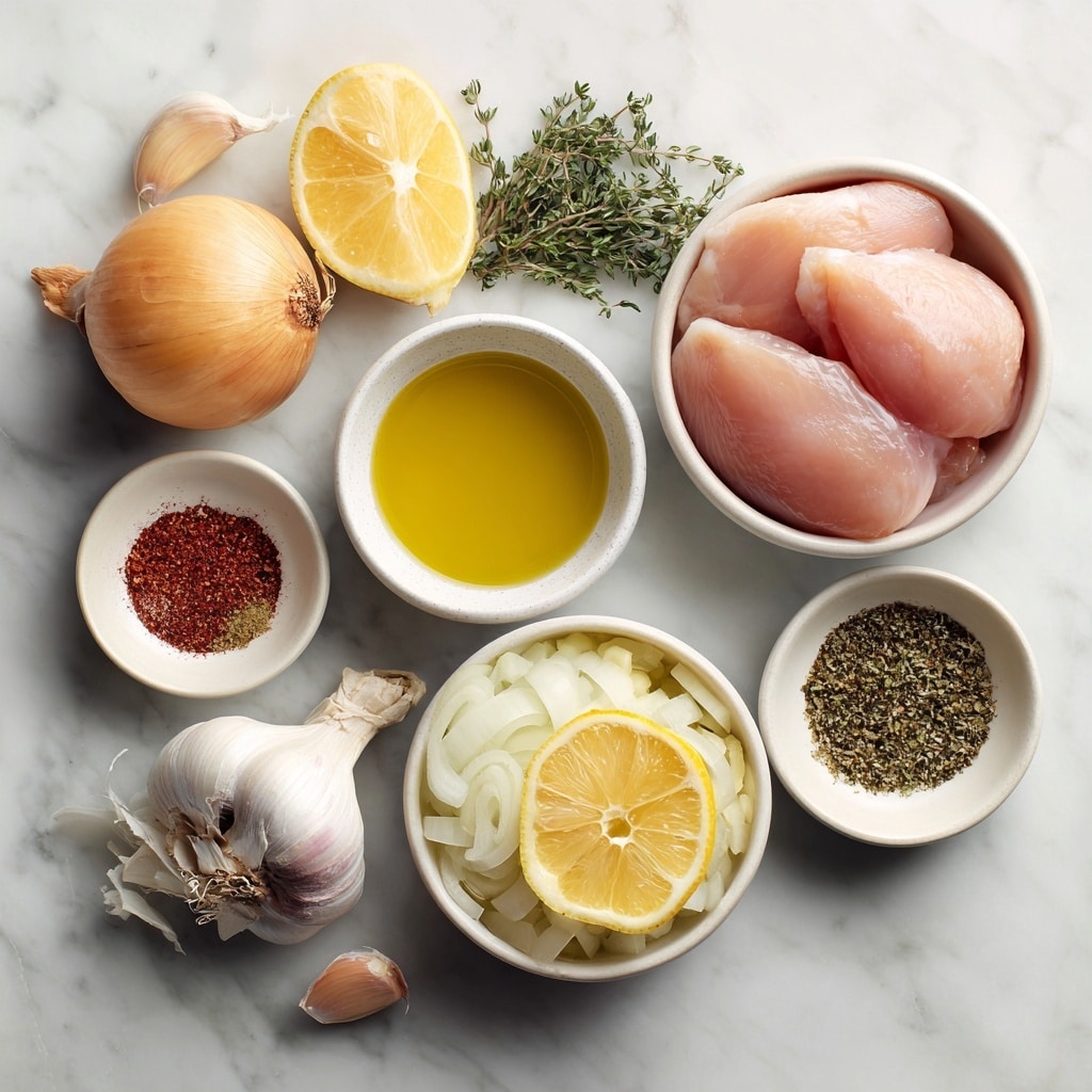 A top-down view of a white bowl filled with four pieces of raw chicken with a pale pink color, surrounded by small white bowls containing different ingredients on a white marbled surface. Above the chicken bowl, a small white bowl holds yellow lemon juice, and next to it are several slices of fresh yellow lemon. To the left, a white cup contains light brown broth, and nearby is a small white bowl with golden olive oil. In the upper right corner, a small white dish with dried green thyme rests beside a tall stack of raw, thinly sliced white onion rings. Below the bowls, a small white bowl holds finely chopped pale yellow garlic, while a round white bowl contains light brown dried oregano. Next to it, a small white bowl filled with white salt and dark black pepper sits beside a partly visible blue-and-white striped towel. A wooden bowl on the left bottom corner has whole garlic bulbs and cloves with papery brown skin. Photo taken with an iphone --ar 4:5 --v 7