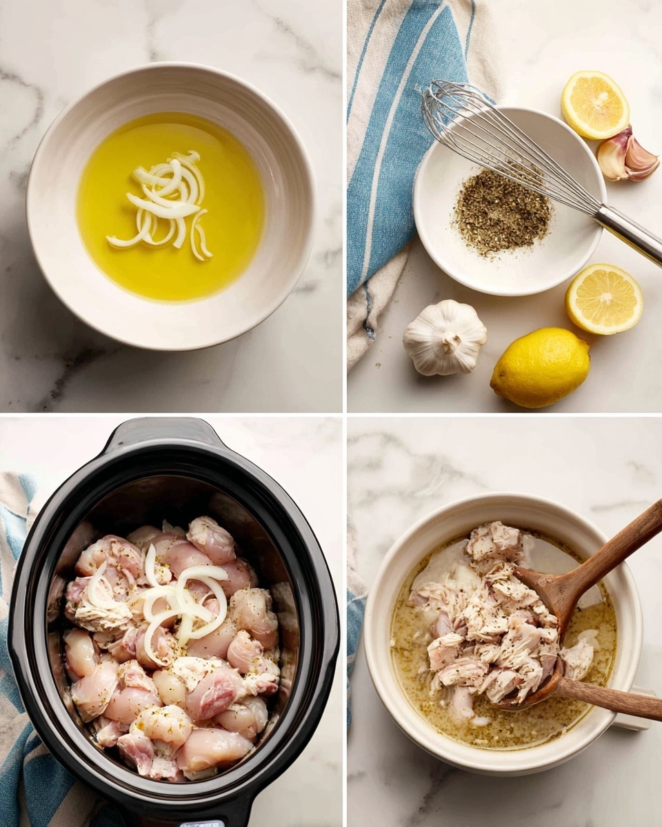 The image shows a step-by-step cooking process in four parts. The first part shows raw pale pink chicken pieces topped with thin white onion slices inside a black slow cooker on a white marbled surface. The second part displays a white bowl on the same surface filled with yellow oil, lots of brown dried herbs, black pepper, and bits of white minced garlic, with a metal whisk resting inside the bowl; nearby are whole garlic bulbs, lemon wedges, and a blue-striped cloth. The third part shows cooked pale chicken pieces in the slow cooker, now surrounded by liquid mixed with herbs, with a wooden spoon stirring gently. The fourth part reveals the shredded chicken mixed with cooked onion slices in the slow cooker, both pale and moist, with two wooden spoons lifting the food. Photo taken with an iphone --ar 4:5 --v 7