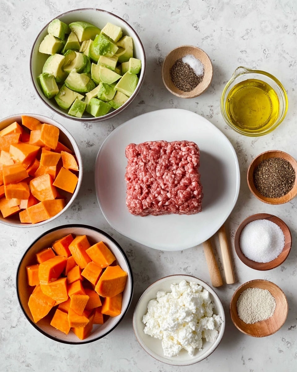The image shows several small white bowls and one white plate arranged on a white marbled surface. The white plate in the center holds a square block of raw ground meat with visible texture. To the left, a white bowl with a black rim contains small avocado cubes, bright green in color. Below it, a white bowl with a black rim is filled with orange sweet potato cubes. To the right of the meat, there are two small white bowls, one with white salt and the other with brownish spice powder. Below these, a white bowl with a black rim contains white cottage cheese. Near the center, three small wooden bowls hold light brown, black pepper, and white salt powder. A small clear glass cup filled with light golden olive oil and a small bowl with light brown honey and a wooden stick appear on the left side. The arrangement is neat and colors vary from orange, green, red, white, black, and brown. Photo taken with an iphone --ar 4:5 --v 7