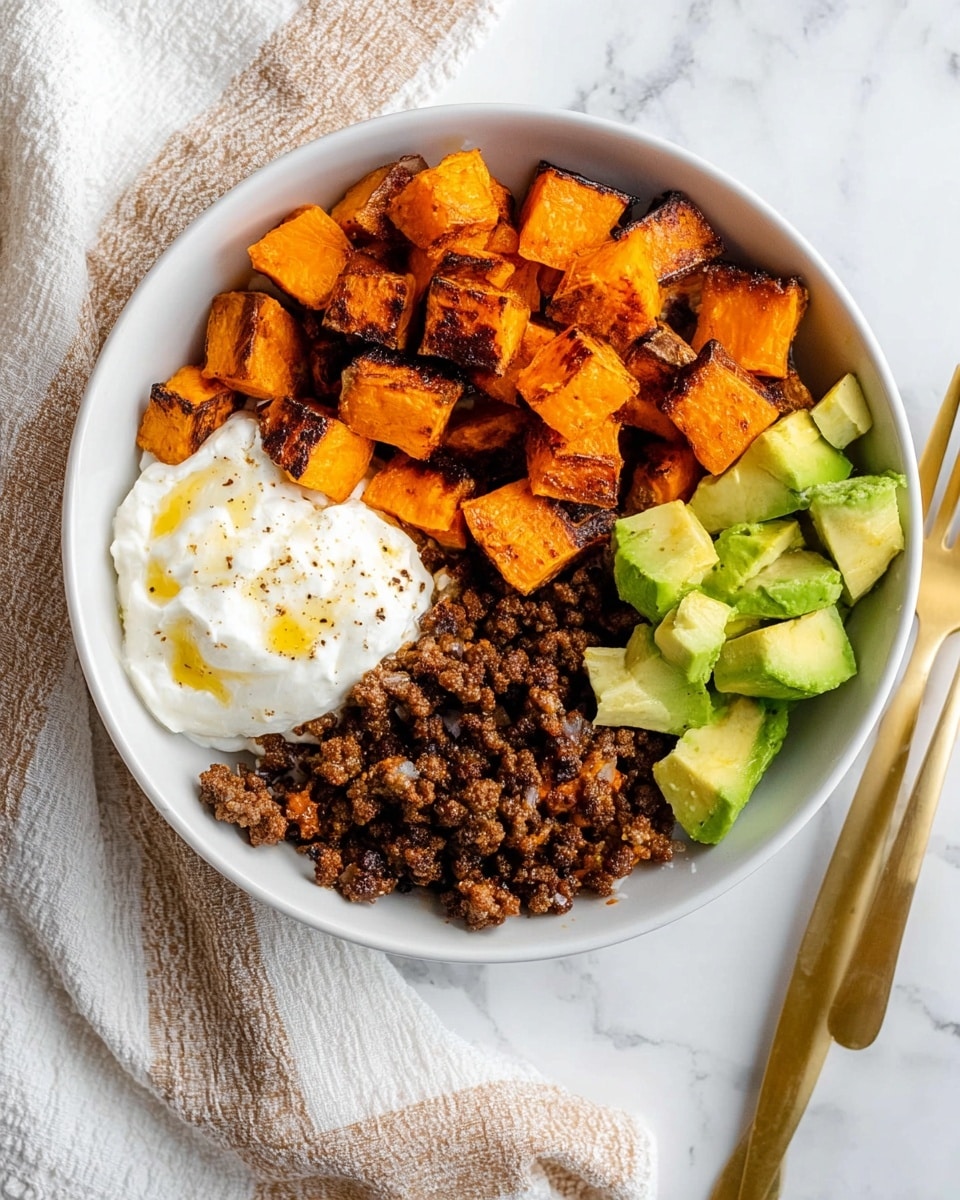 A white bowl sits on a white marbled surface with a beige and white cloth nearby, filled with four distinct layers of food arranged separately. One quarter has golden-brown roasted sweet potato cubes with slightly charred edges, another quarter contains dark brown cooked ground meat with a crumbly texture. Next to it is a dollop of white cottage cheese topped with a light drizzle of golden oil, and the last quarter shows bright green avocado chunks with smooth skin and soft flesh. A gold fork is placed to the side on the white marbled surface, photo taken with an iphone --ar 4:5 --v 7