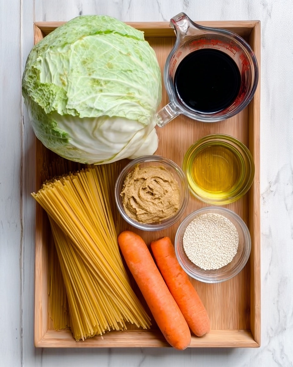 The image shows a wooden tray on a white marbled surface with different cooking ingredients neatly arranged inside. There is a large half head of green cabbage placed in the upper left corner of the tray. On the upper right side, there is a clear glass measuring cup filled with dark soy sauce, next to a small clear glass bowl holding light golden oil. At the bottom right of the tray, a small clear glass bowl contains white sesame seeds. Two bright orange carrots lie side by side along the left side of the tray. A large pile of golden yellow dry spaghetti rests diagonally in the center. Near the bottom left, there is a clear glass bowl filled with light brown miso paste and another small glass bowl above it containing light beige powder. The overall scene is bright and clean with a focus on fresh and raw ingredients, photo taken with an iphone --ar 4:5 --v 7