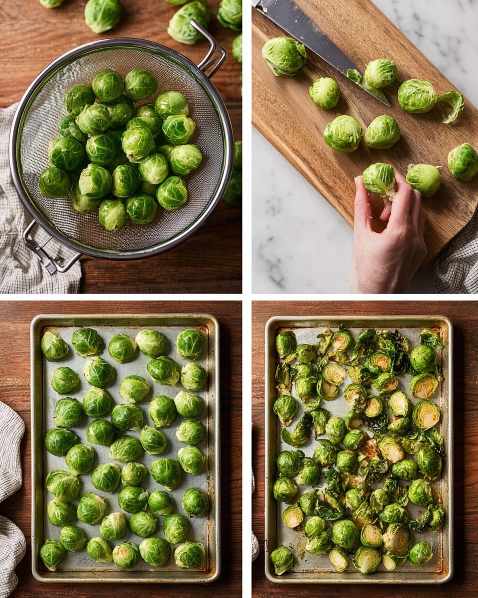 The image shows a four-step process of preparing Brussels sprouts. The first layer is a silver metal colander filled with bright green Brussels sprouts resting on a wooden surface. The second layer shows a white marbled surface with a wooden cutting board on top, where a woman’s hand is holding a piece of a Brussels sprout near a knife with a dark handle. The third layer depicts a baking sheet covered fully with whole, fresh Brussels sprouts, all bright green, on a white marbled background. The fourth layer shows the same baking sheet with Brussels sprouts now roasted to a golden green with some browned spots. Photo taken with an iphone --ar 4:5 --v 7