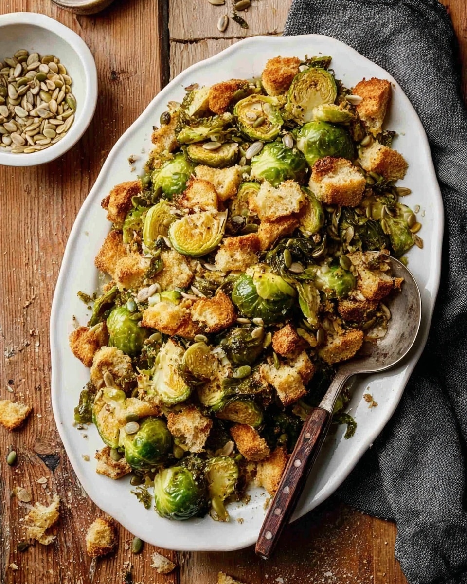 The image shows a close-up view of cooked Brussels sprouts, some with parts browned and crunchy, mixed with toasted bread pieces that are golden and crisp. The Brussels sprouts are coated with a creamy sauce that adds a light, slightly shiny texture, and there are small seeds sprinkled on top. The dish is served on a white plate with a classic shape, and a wooden-handle fork rests partially visible among the food. The background features a white marbled surface. photo taken with an iphone --ar 4:5 --v 7