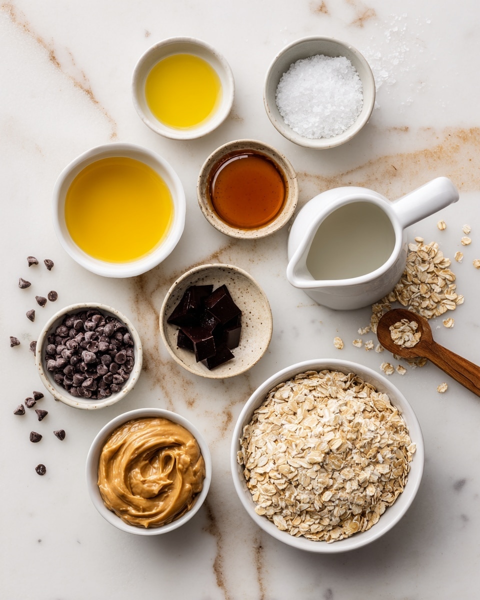 The image shows seven white bowls of different sizes arranged on a white marbled surface. At the top left, a small bowl contains light yellow coconut oil. Next to it, on the right, is a small bowl with flaky sea salt, showing coarse white salt flakes. Below, a white pitcher with water sits to the right side. In the center, a medium bowl holds amber-colored maple syrup. To its left, a tiny bowl contains dark brown vanilla liquid. At the bottom left, a medium bowl is filled with dark chocolate chips, some chips scattered nearby on the marble. Below and to the right, another medium bowl is full of smooth, light brown peanut butter. At the bottom right corner, a large bowl holds beige quick oats with a small wooden scoop resting nearby, some oats spilled on the marble. The bowls form a loose circle on the white marbled surface. Photo taken with an iphone --ar 4:5 --v 7