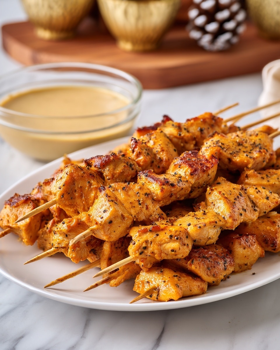 The image shows several wooden skewers arranged on a white plate, each skewer threaded with multiple chunks of raw, seasoned chicken. The chicken pieces are orange-brown with visible black pepper and spices, and have a moist and slightly shiny texture. In the background, there is a clear glass bowl filled with a creamy beige sauce. The setting is on a white marbled surface, with a wooden cutting board and some blurred golden bowls and a pine cone also visible in the background. photo taken with an iphone --ar 4:5 --v 7