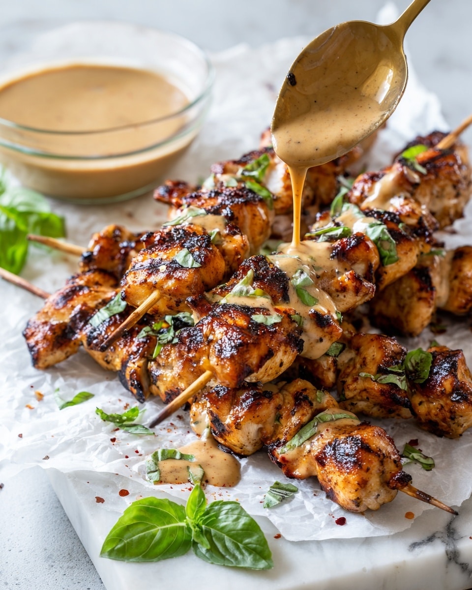 The image shows several wooden skewers with three large, grilled chicken pieces each, arranged closely together on white parchment over a white marbled surface. The chicken is golden brown with charred spots, giving a crispy texture. It is drizzled with a light brown sauce, which looks creamy and smooth, with some sauce dripping on the surface. Small green parsley pieces are sprinkled mainly over the top surfaces and scattered around. One skewer is held near the center by a woman's hand, with the chicken piece near the tip showing a white, juicy inside. photo taken with an iphone --ar 4:5 --v 7