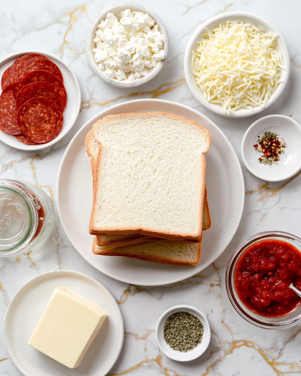 The image shows two slices of white bread placed side by side on a wooden cutting board with a handle. The top slice is covered with a thick, red tomato sauce layer, spread evenly but with visible texture and a circular swirl pattern in the middle. The bottom slice is coated with a creamy white spread that has small bits of herbs and raisins mixed in, giving it a slightly chunky texture. The cutting board is set on a white marbled surface with gold cracks running through it. photo taken with an iphone --ar 4:5 --v 7