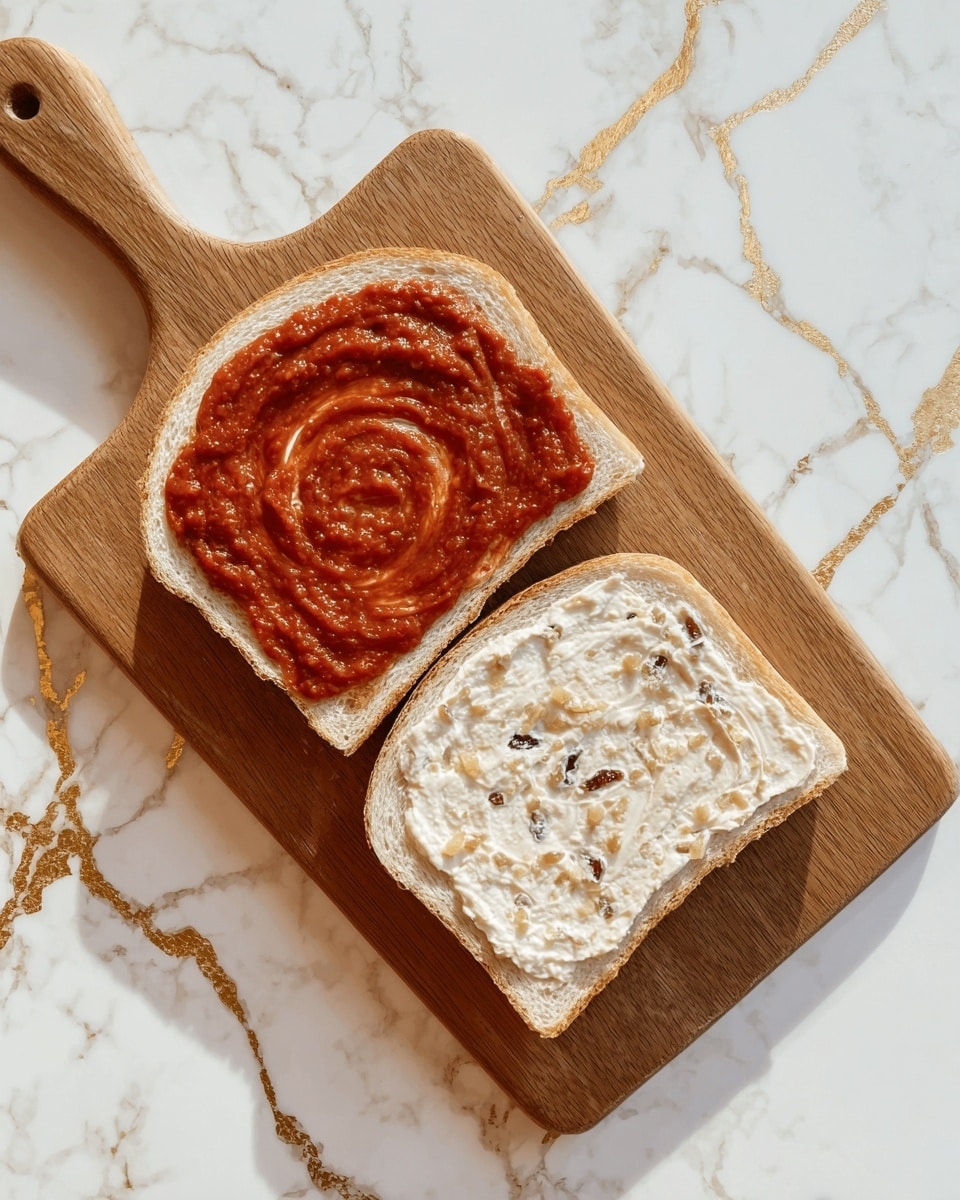 The image shows four slices of white bread stacked on a white plate placed in the center on a white marbled surface with gold lines. Around the plate are small white bowls containing different ingredients: one bowl with white cottage cheese at the top, another with shredded mozzarella cheese on the right, and a third bowl with sliced pepperoni on the left. There is also a small white plate with a block of butter at the bottom left, a jar with more pepperoni slices to the right, a small white dish with dried herbs on the bottom right, a small dish of black pepper next to the herbs, and a bowl of red tomato sauce below the bread plate. The layout is clean and organized, with each element very distinct. photo taken with an iphone --ar 4:5 --v 7