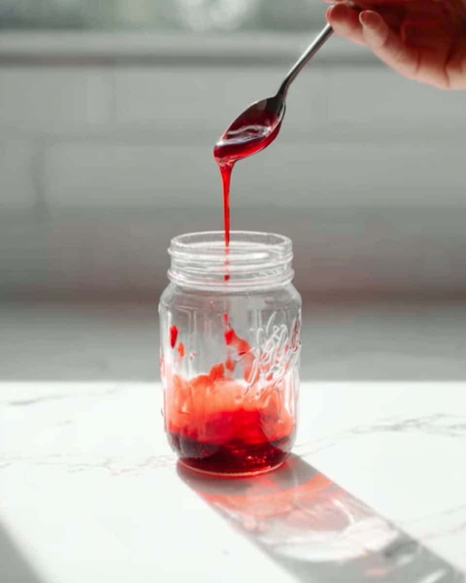 A clear glass jar sits on a white marbled surface with bright sunlight shining through a nearby window in the background. Inside the jar, there is a small pool of bright red liquid at the bottom, and a spoon held by a woman's hand is dripping the same red liquid into it, creating drops and splashes. The jar’s smooth texture is visible with light reflections, and the scene feels fresh and clean. Photo taken with an iphone --ar 4:5 --v 7