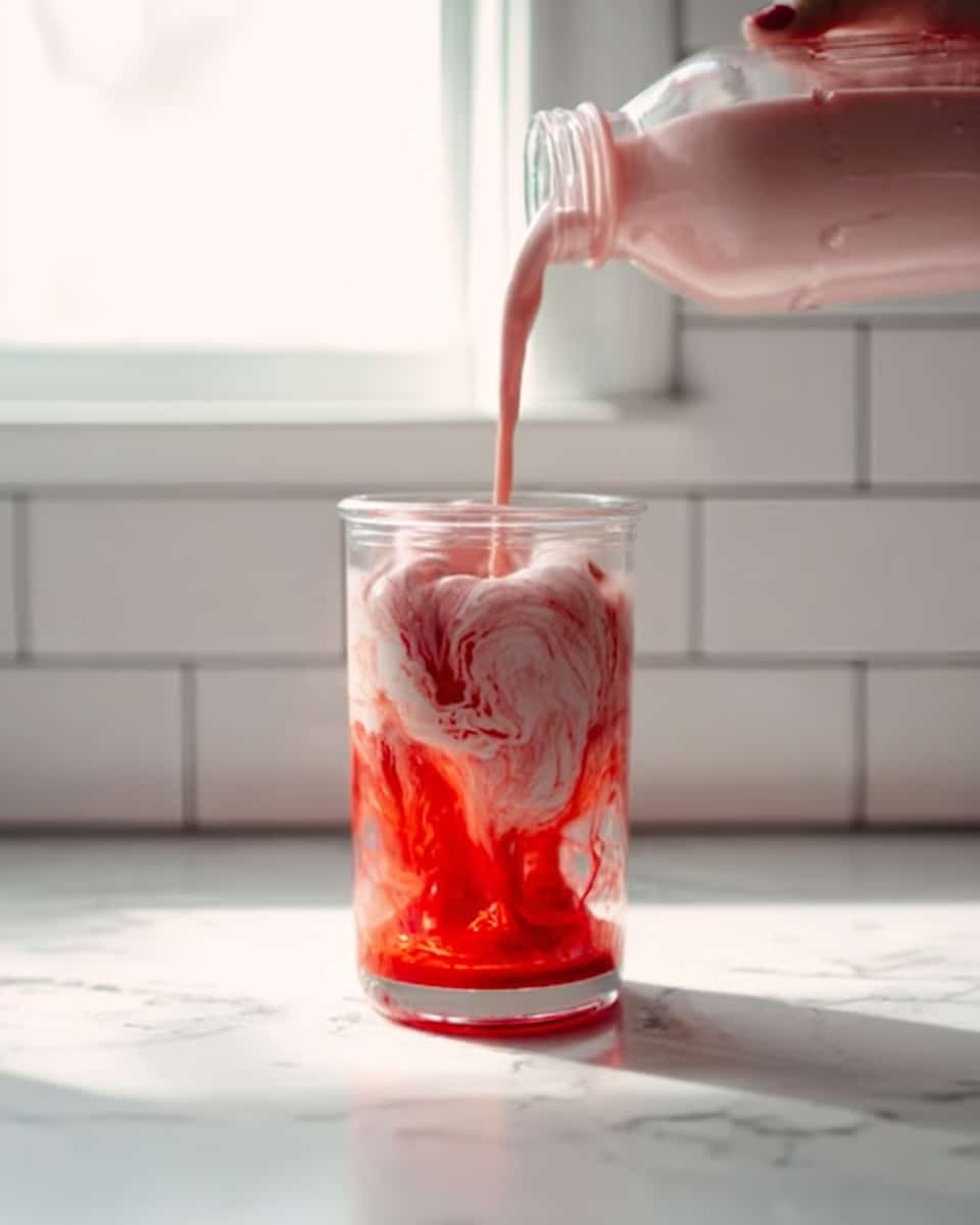 The image shows a clear glass filled with two layers: the bottom layer is a bright red syrup with a smooth texture, while the top layer is a light pink creamy mixture being poured from a bottle. The glass is placed on a white marbled surface in front of a white tiled background with a window letting in soft daylight. Swirls of red syrup gently mix into the pink creamy layer, creating a marbled effect inside the glass. A woman’s hand is holding the bottle, visible from the top left corner. Photo taken with an iphone --ar 4:5 --v 7