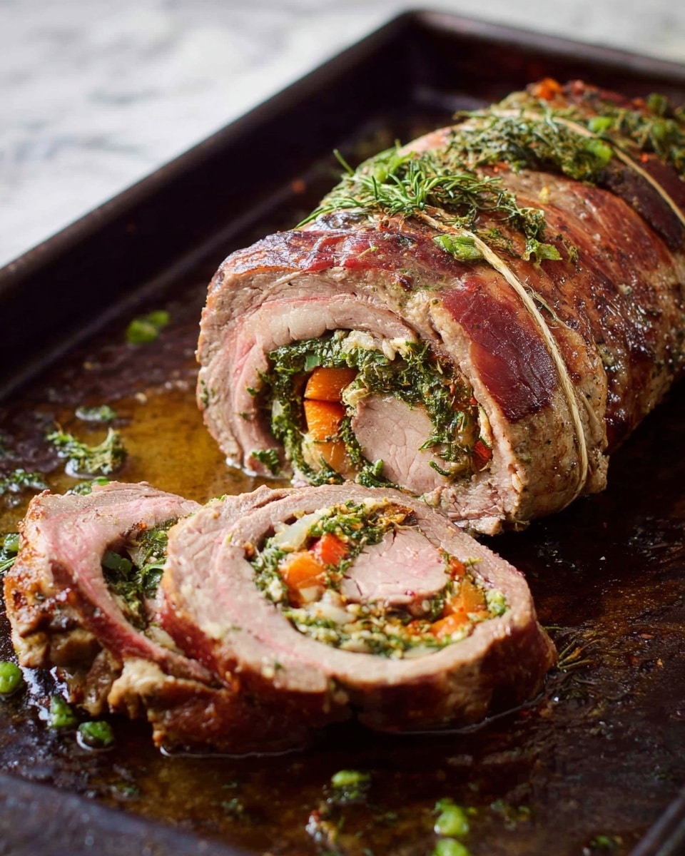 The image shows a close-up of a thick slice of rolled meat with a dark brown, seared outer layer that looks crispy and textured. Inside, the meat is light pink and tightly wrapped around colorful layers of green leafy vegetables mixed with bits of orange and yellow, which appear soft and cooked. Juices from the meat pool slightly at the bottom, giving a glossy shine to the slice. In the background, there are out-of-focus green herbs, all placed on a white marbled surface. photo taken with an iphone --ar 4:5 --v 7